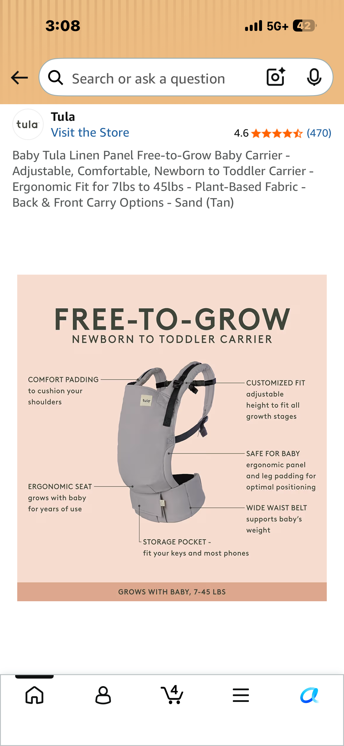 Baby Tula Linen Panel Free-to-Grow Baby Carrier - Adjustable, Comfortable, Newborn to Toddler Carrier - Ergonomic Fit for 7lbs to 45lbs - Plant-Based Fabric - Back & Front Carry Options - Sand (Tan)
