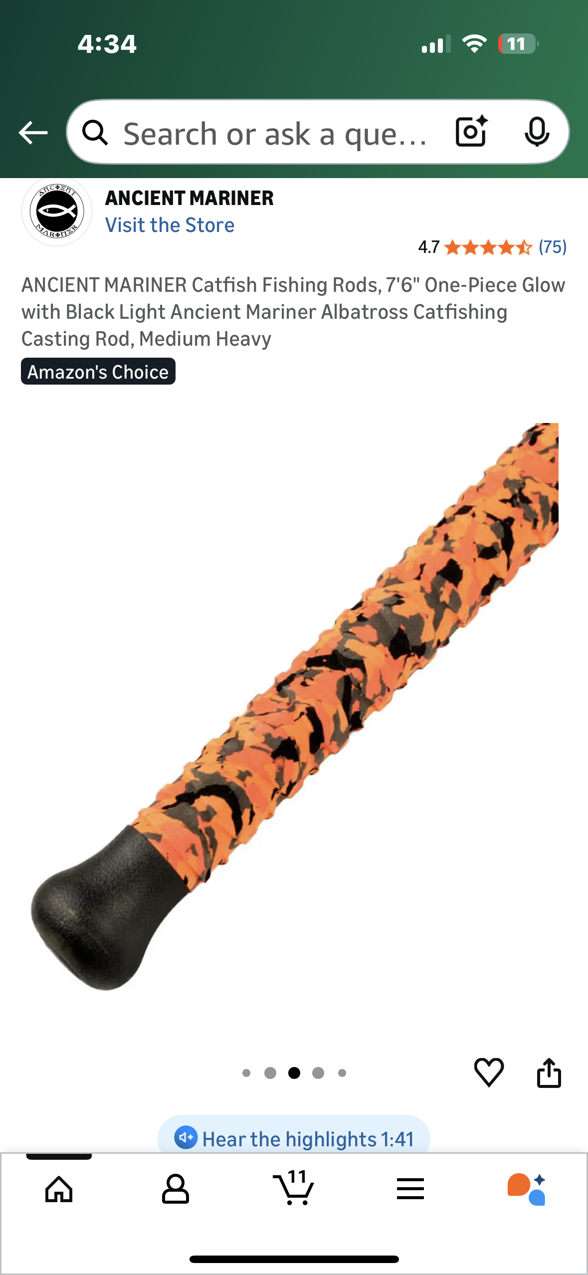 ANCIENT MARINER Catfish Fishing Rods, 7'6" One-Piece Glow with Black Light Ancient Mariner Albatross Catfishing Casting Rod, Medium Heavy (W539)