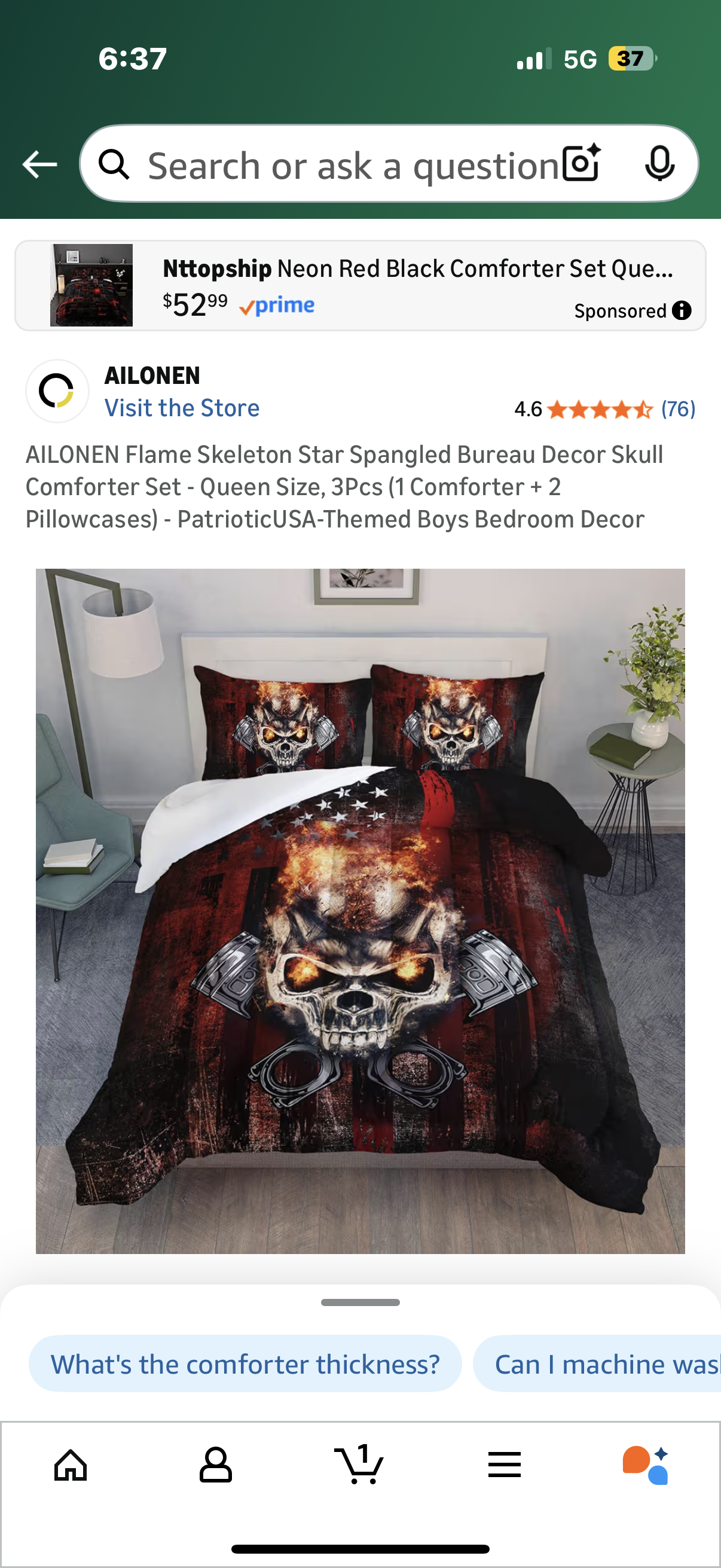 AILONEN Flame Skeleton Star Spangled Bureau Decor Skull Comforter Set - Queen Size, 3Pcs (1 Comforter + 2 Pillowcases) - PatrioticUSA-Themed Boys Bedroom Decor