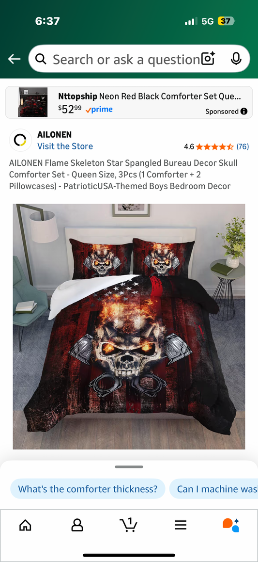 AILONEN Flame Skeleton Star Spangled Bureau Decor Skull Comforter Set - Queen Size, 3Pcs (1 Comforter + 2 Pillowcases) - PatrioticUSA-Themed Boys Bedroom Decor