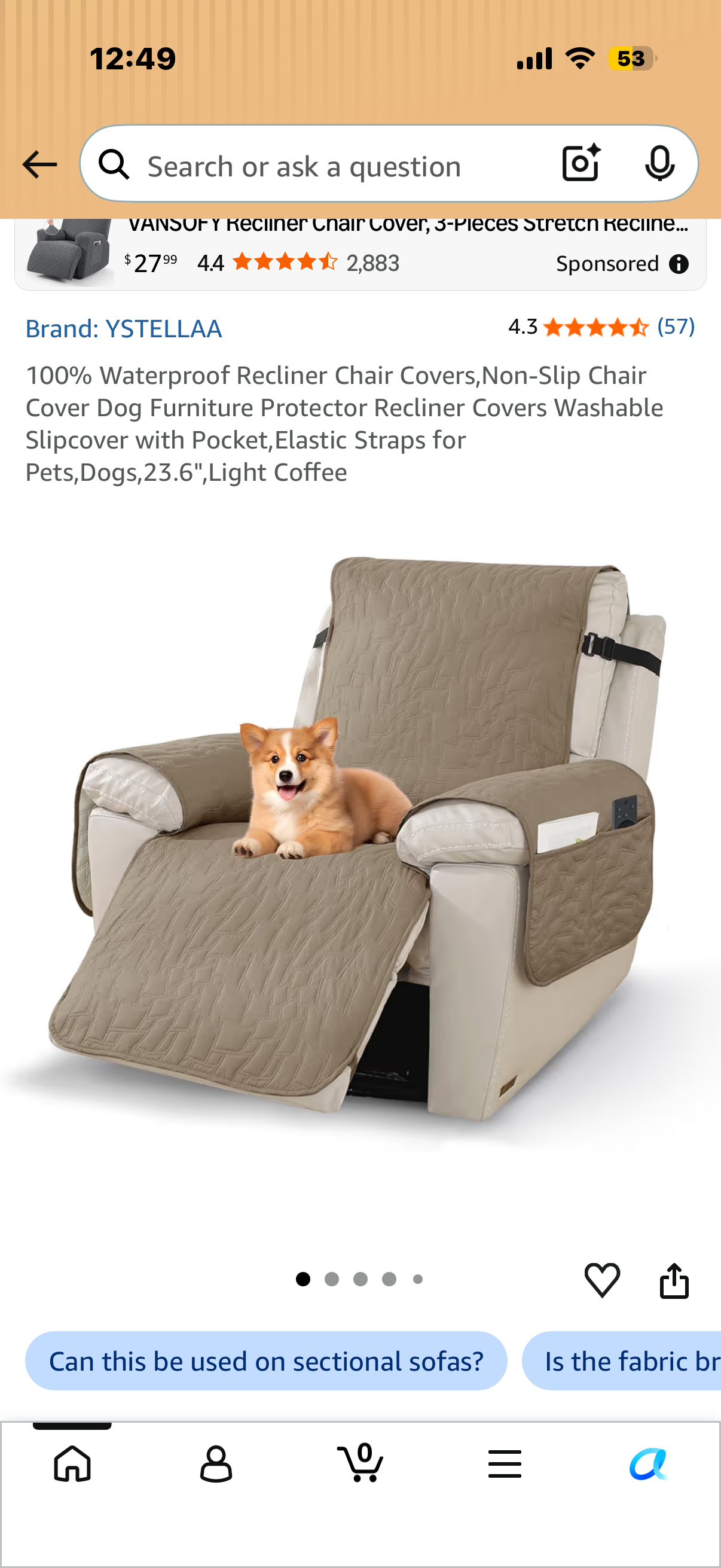 100% Waterproof Recliner Chair Covers,Non-Slip Chair Cover Dog Furniture Protector Recliner Covers Washable Slipcover with Pocket,Elastic Straps for Pets,Dogs,23.6",Light Coffee