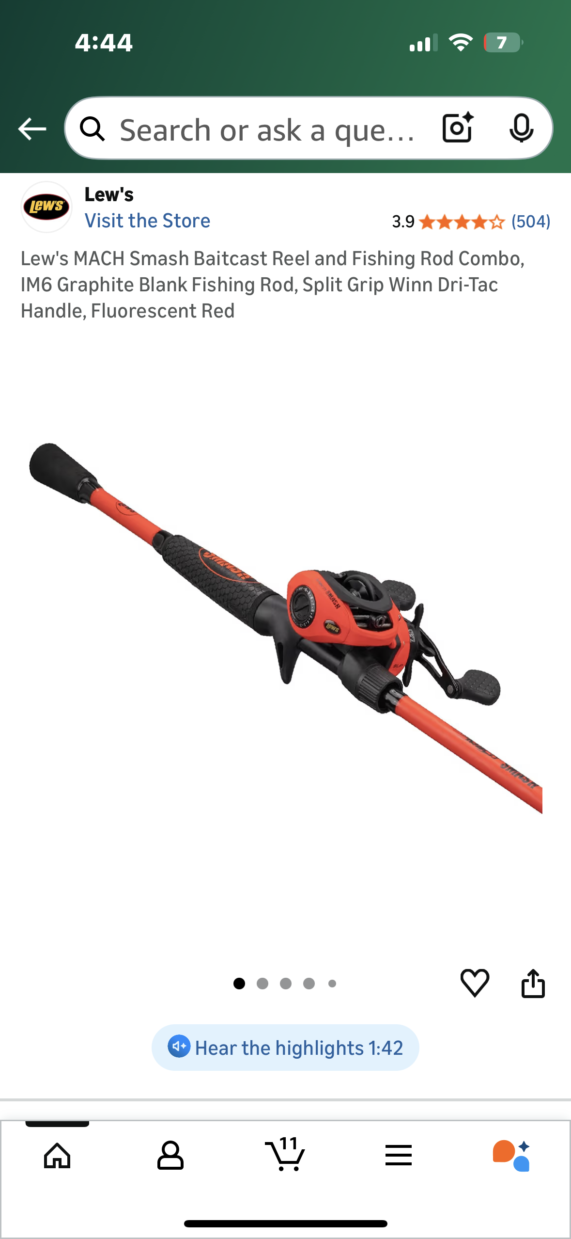 Lew's MACH Smash Baitcast Reel and Fishing Rod Combo, IM6 Graphite Blank Fishing Rod, Split Grip Winn Dri-Tac Handle, Fluorescent Red (W540)