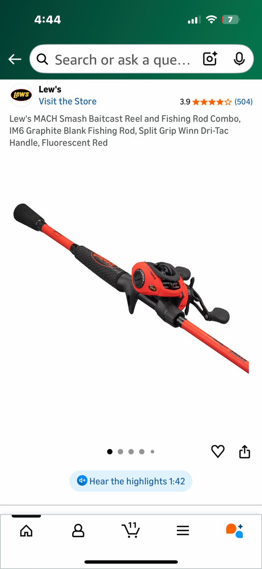 Lew's MACH Smash Baitcast Reel and Fishing Rod Combo, IM6 Graphite Blank Fishing Rod, Split Grip Winn Dri-Tac Handle, Fluorescent Red (W540)