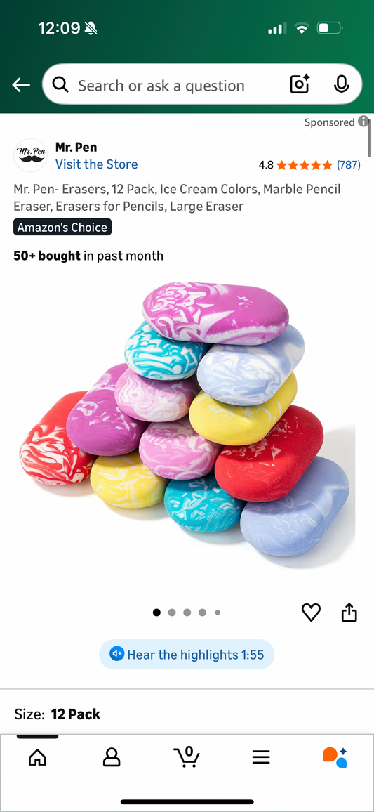 Mr. Pen- Erasers, 12 Pack, Ice Cream Colors, Marble Pencil Eraser, Erasers for Pencils, Large Eraser