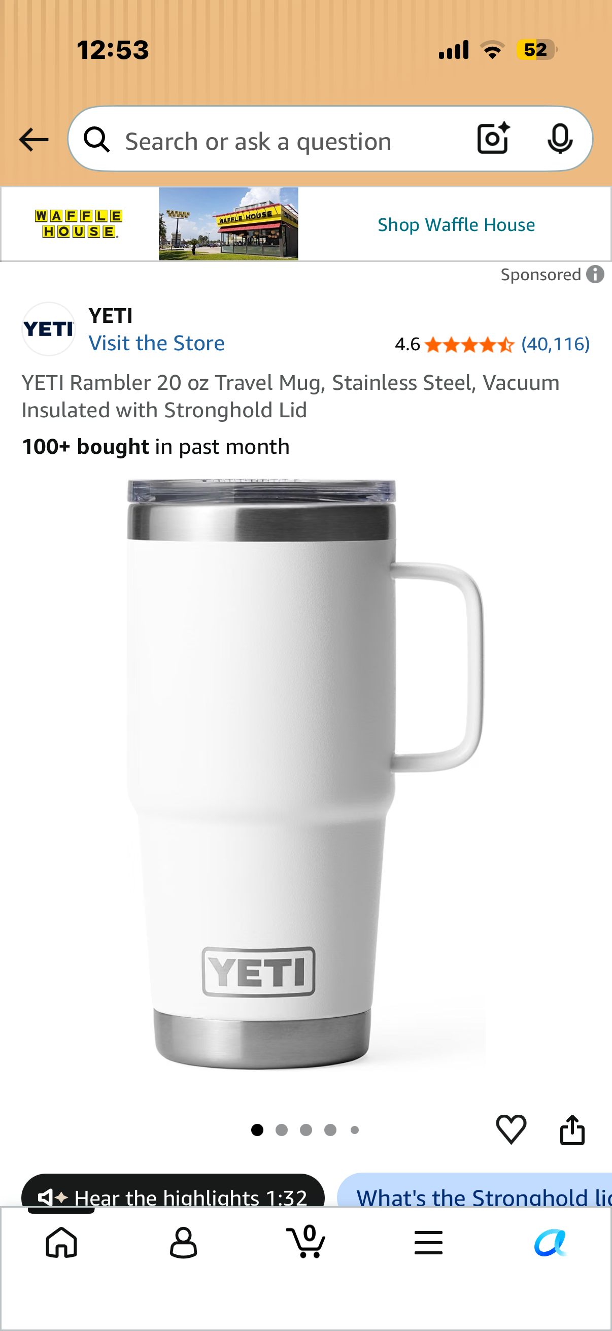 YETI Rambler 20 oz Travel Mug, Stainless Steel, Vacuum Insulated with Stronghold Lid