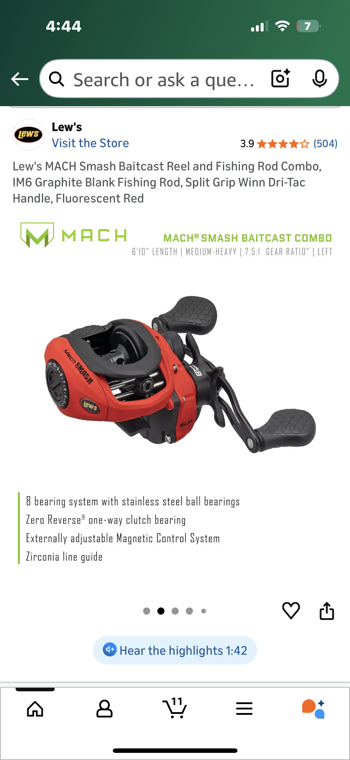 Lew's MACH Smash Baitcast Reel and Fishing Rod Combo, IM6 Graphite Blank Fishing Rod, Split Grip Winn Dri-Tac Handle, Fluorescent Red (W540)