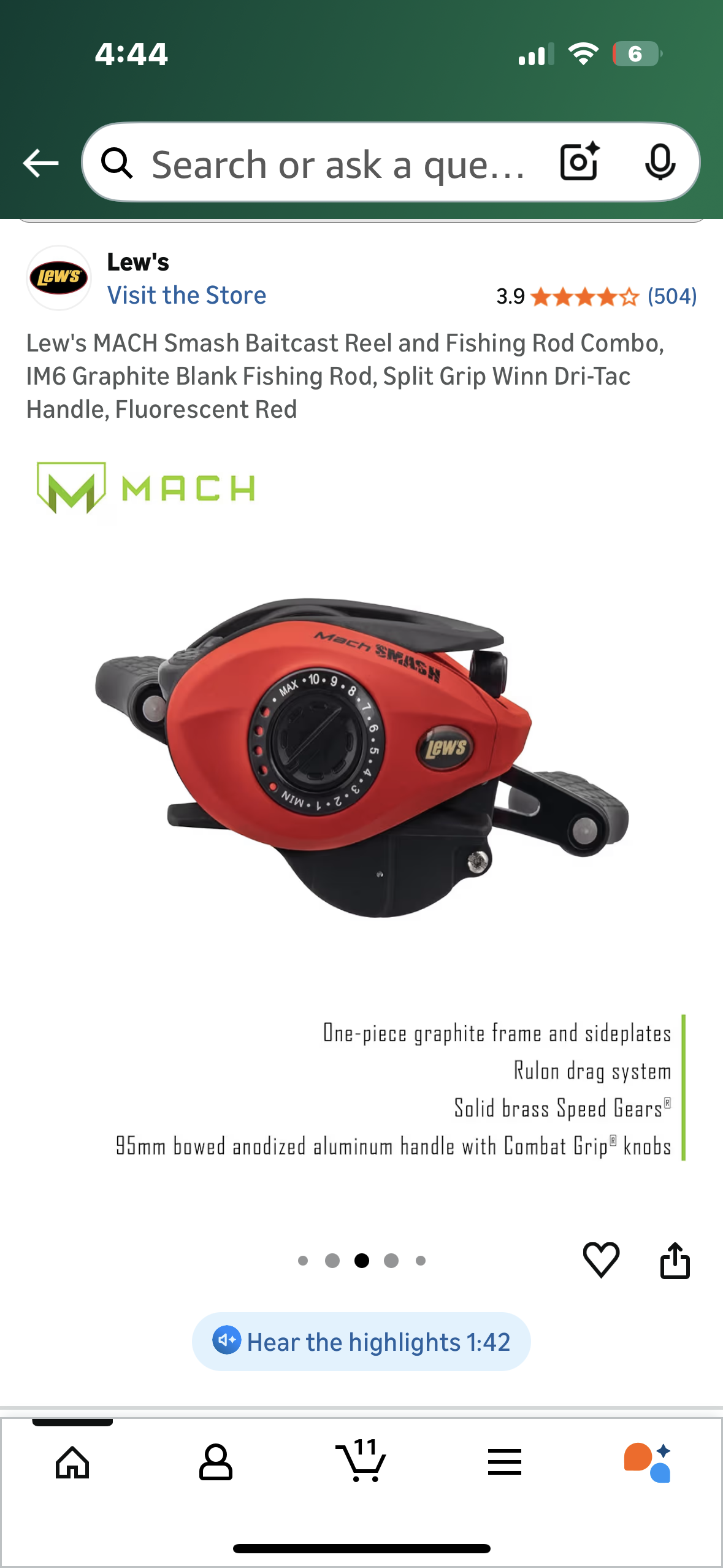 Lew's MACH Smash Baitcast Reel and Fishing Rod Combo, IM6 Graphite Blank Fishing Rod, Split Grip Winn Dri-Tac Handle, Fluorescent Red (W540)