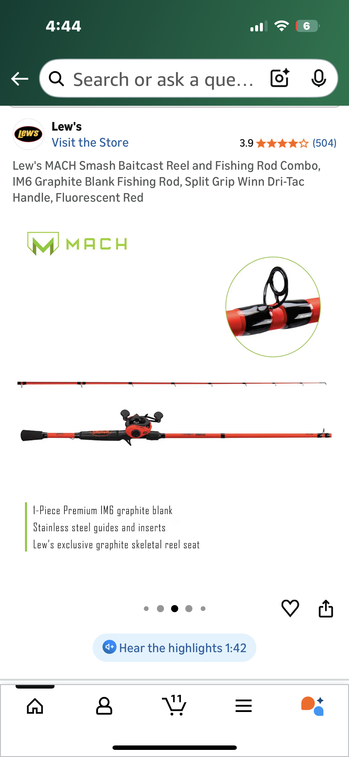 Lew's MACH Smash Baitcast Reel and Fishing Rod Combo, IM6 Graphite Blank Fishing Rod, Split Grip Winn Dri-Tac Handle, Fluorescent Red (W540)