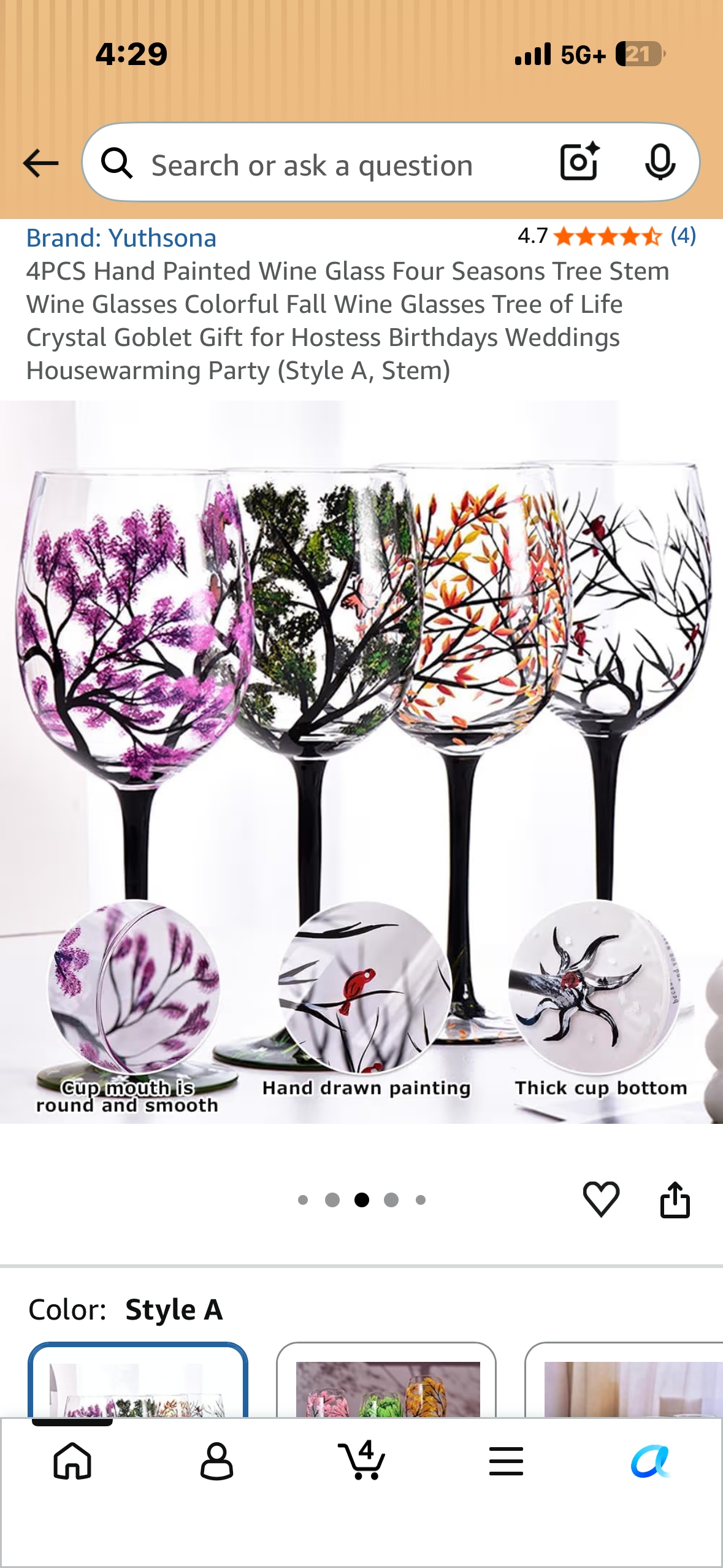 4PCS Hand Painted Wine Glasses, Four Seasons Tree Stem Wine Glasses, Colorful Fall Wine Glasses Tree of Life (Style A, Stem)