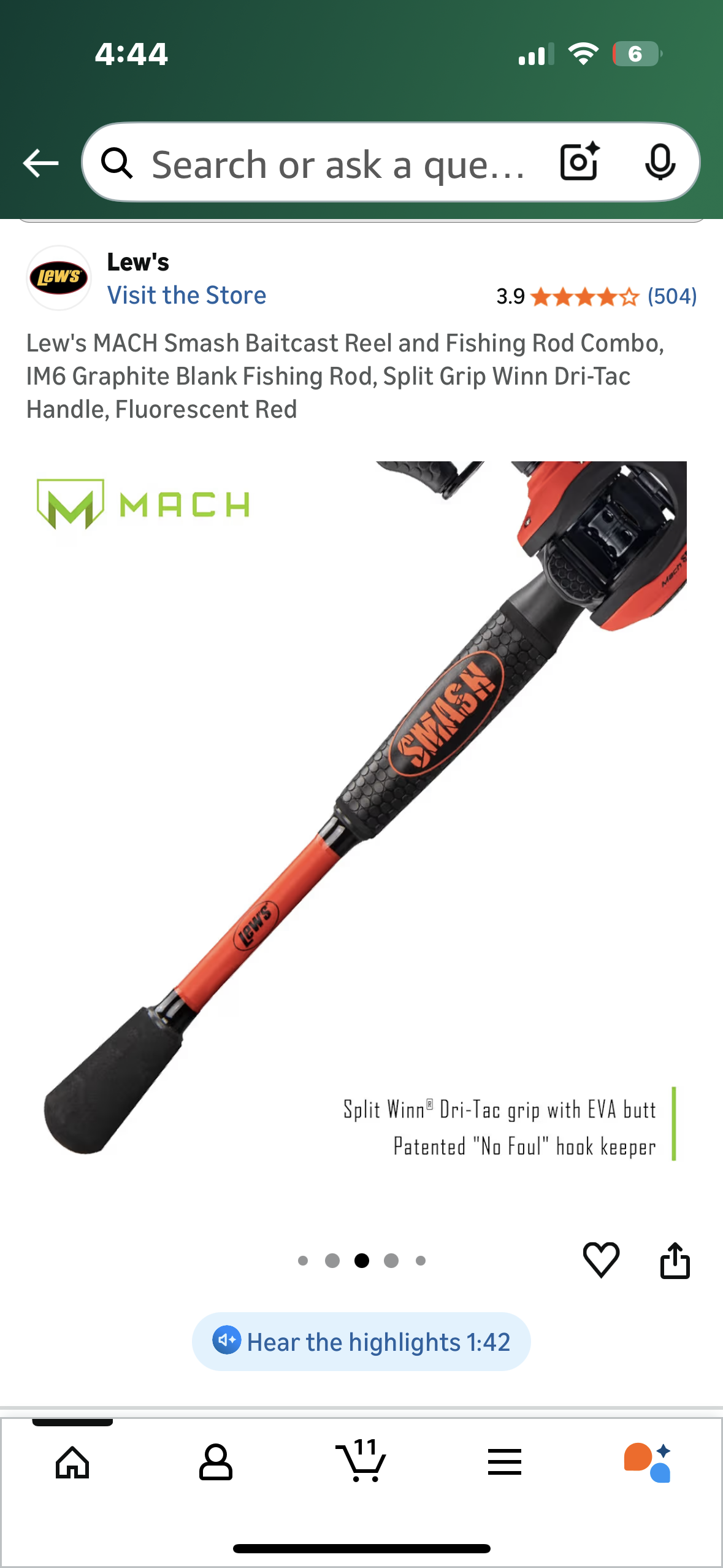 Lew's MACH Smash Baitcast Reel and Fishing Rod Combo, IM6 Graphite Blank Fishing Rod, Split Grip Winn Dri-Tac Handle, Fluorescent Red (W540)