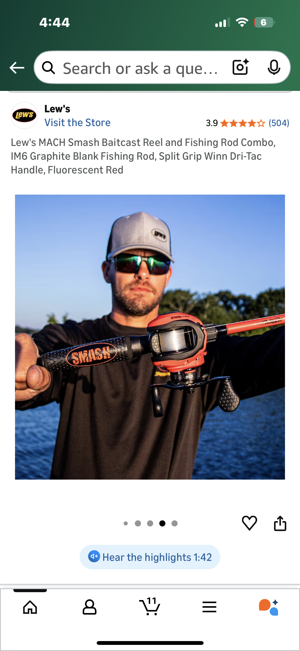 Lew's MACH Smash Baitcast Reel and Fishing Rod Combo, IM6 Graphite Blank Fishing Rod, Split Grip Winn Dri-Tac Handle, Fluorescent Red (W540)