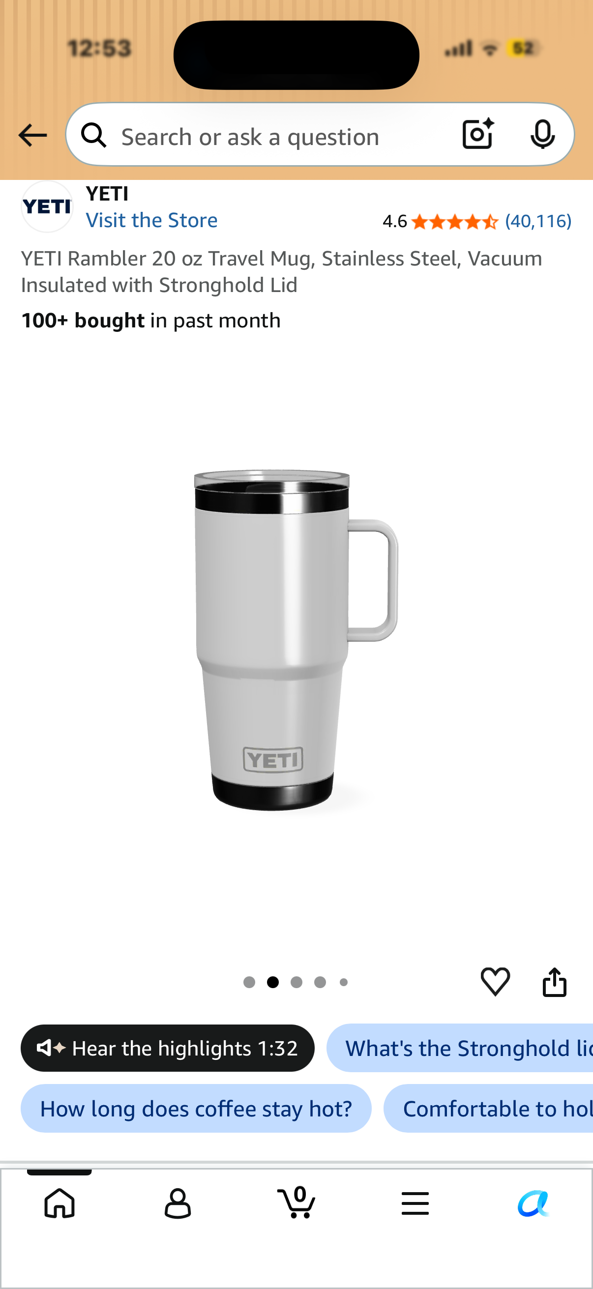 YETI Rambler 20 oz Travel Mug, Stainless Steel, Vacuum Insulated with Stronghold Lid