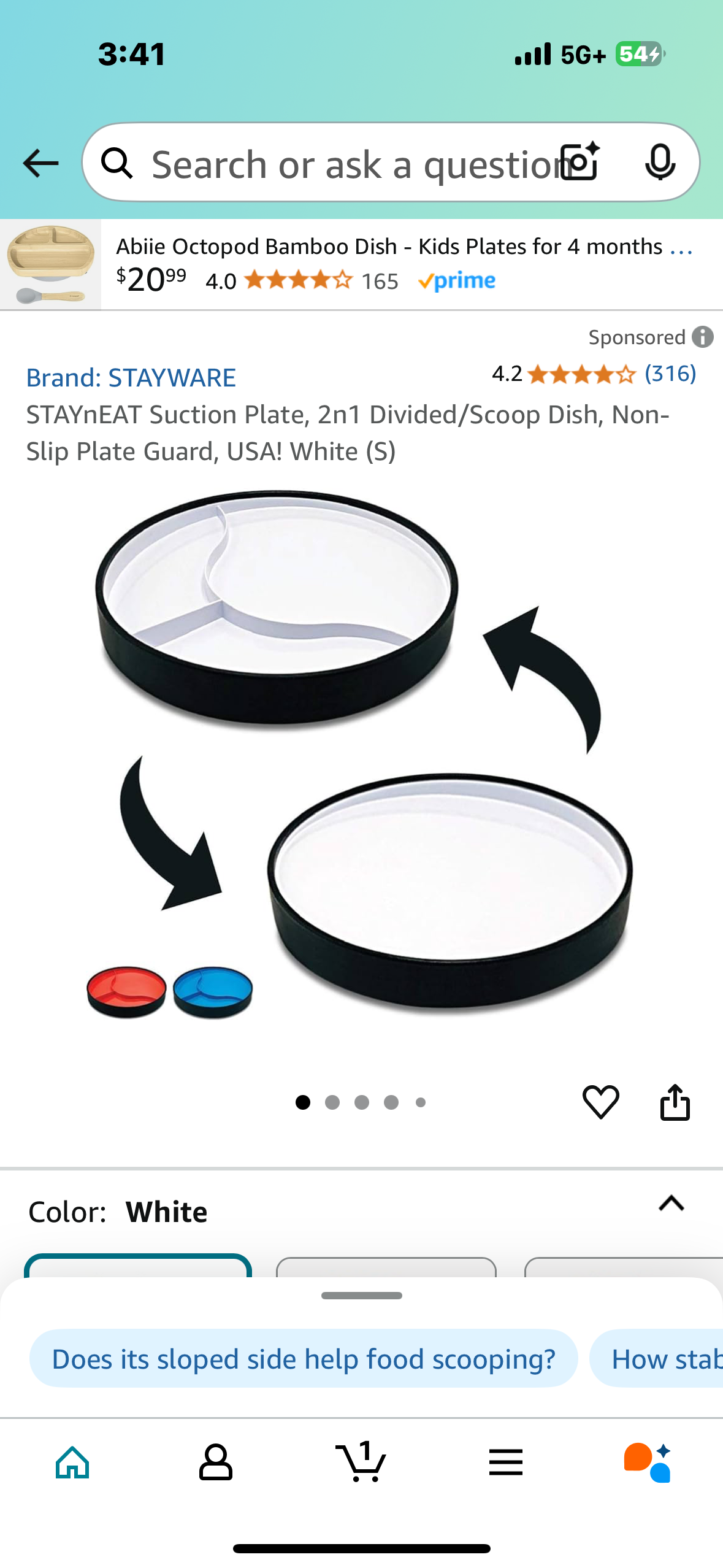 STAYnEAT Suction Plate, 2n1 Divided/Scoop Dish, Non-Slip Plate Guard, USA! White (S