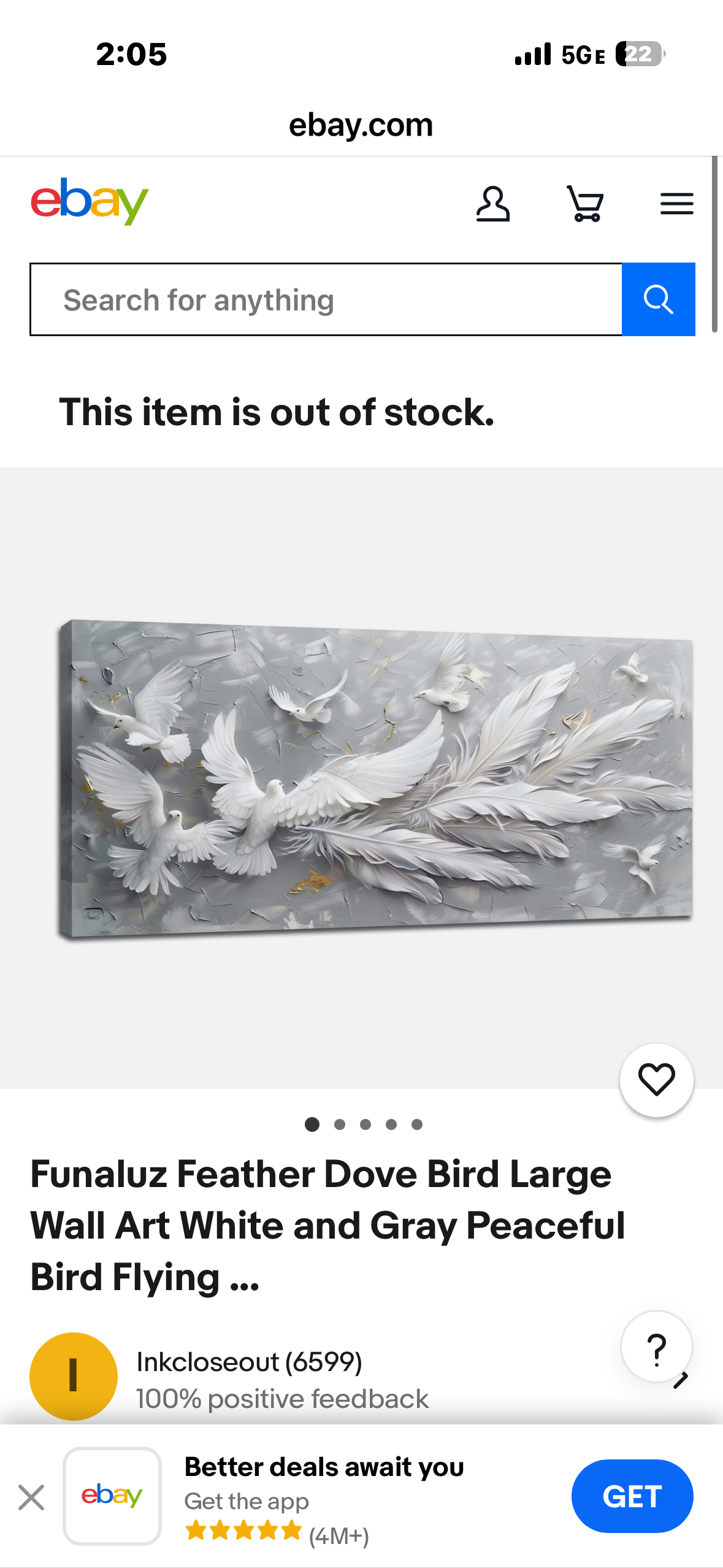 Funaluz Feather Dove Bird Large Wall Art White and Gray Peaceful
Bird Flying (L1183)