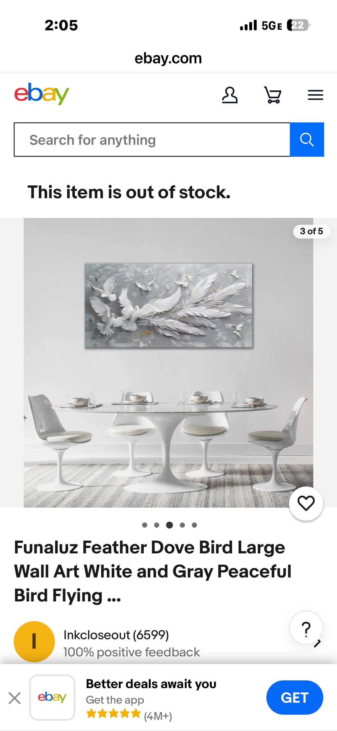 Funaluz Feather Dove Bird Large Wall Art White and Gray Peaceful
Bird Flying (L1183)