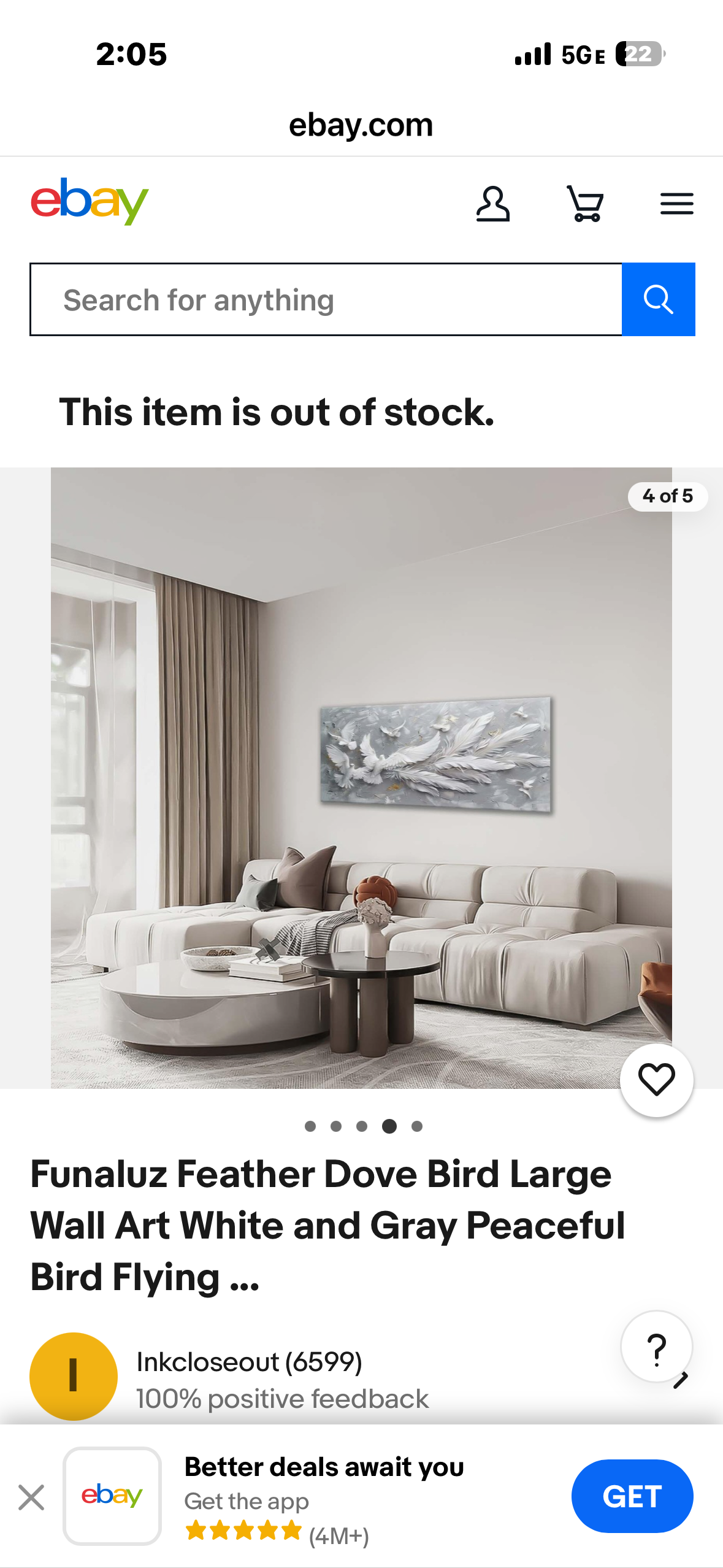 Funaluz Feather Dove Bird Large Wall Art White and Gray Peaceful
Bird Flying (L1183)