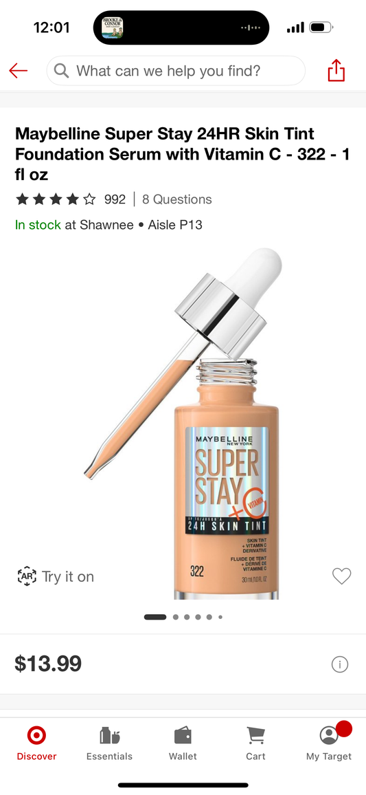Maybelline Super Stay 24HR Skin Tint Foundation Serum with Vitamin C - 322 - 1 fl oz