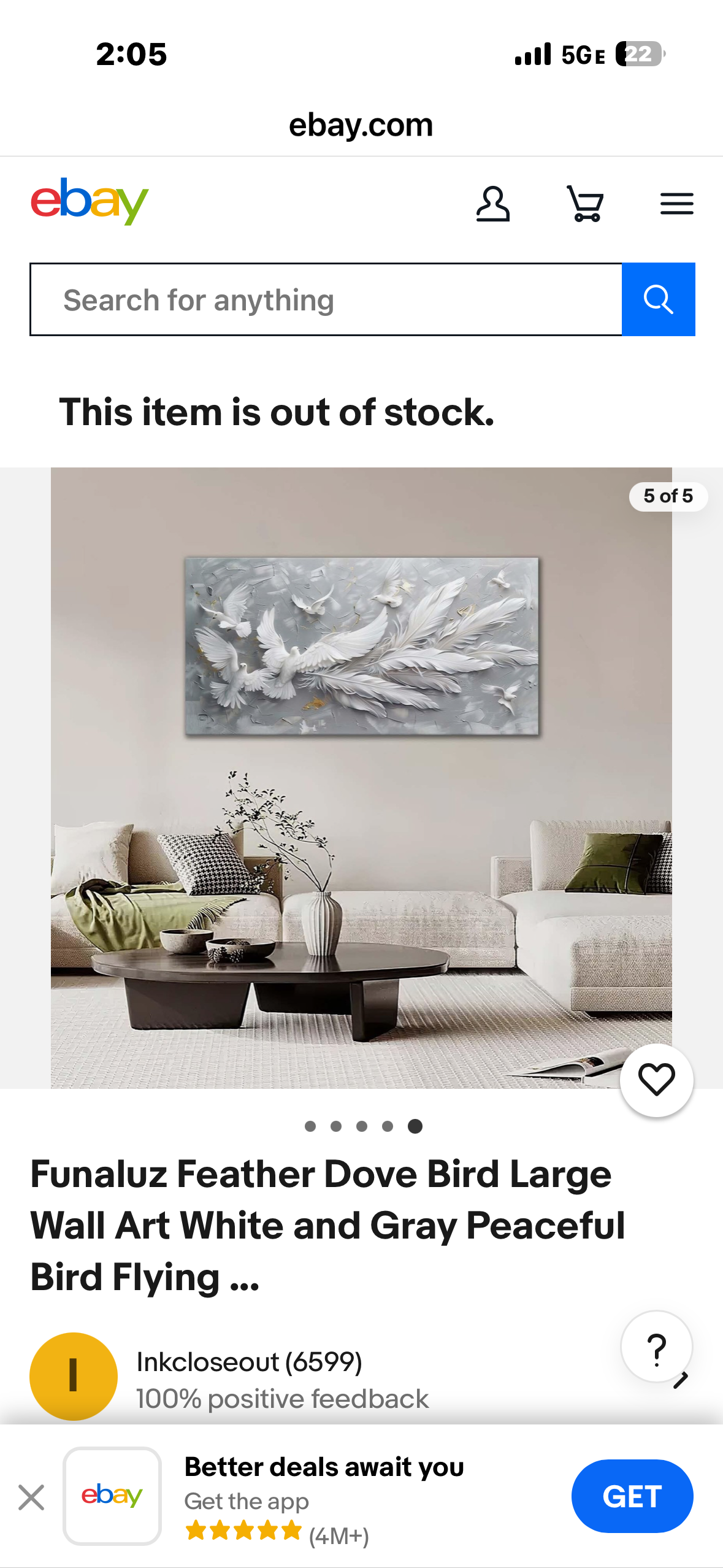 Funaluz Feather Dove Bird Large Wall Art White and Gray Peaceful
Bird Flying (L1183)