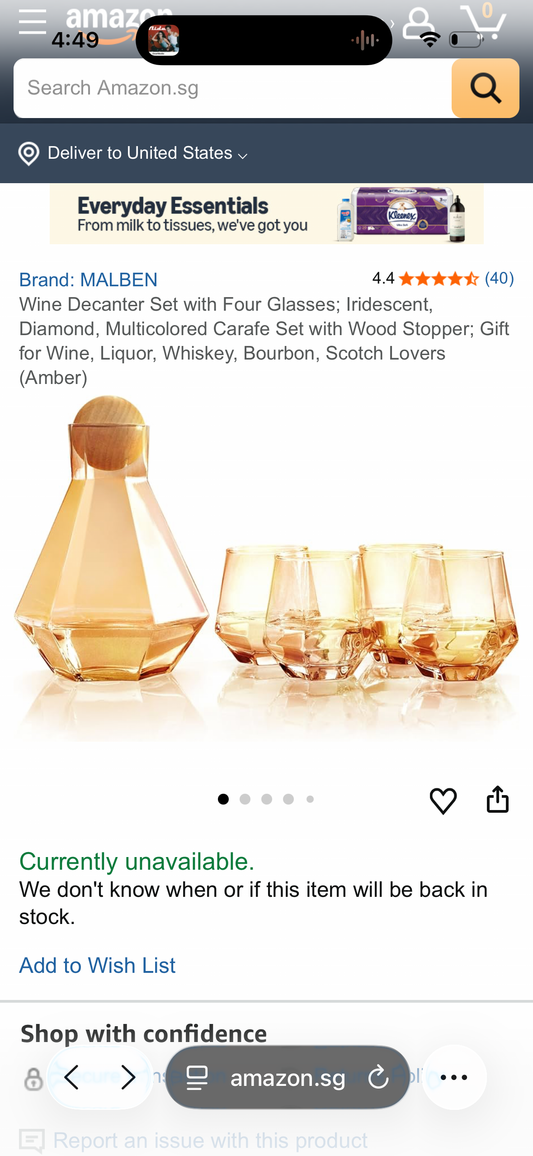 Wine Decanter Set with Four Glasses; Iridescent, Diamond, Multicolored Carafe Set with Wood Stopper; Gift for Wine, Liquor, Whiskey, Bourbon, Scotch Lovers (Amber)