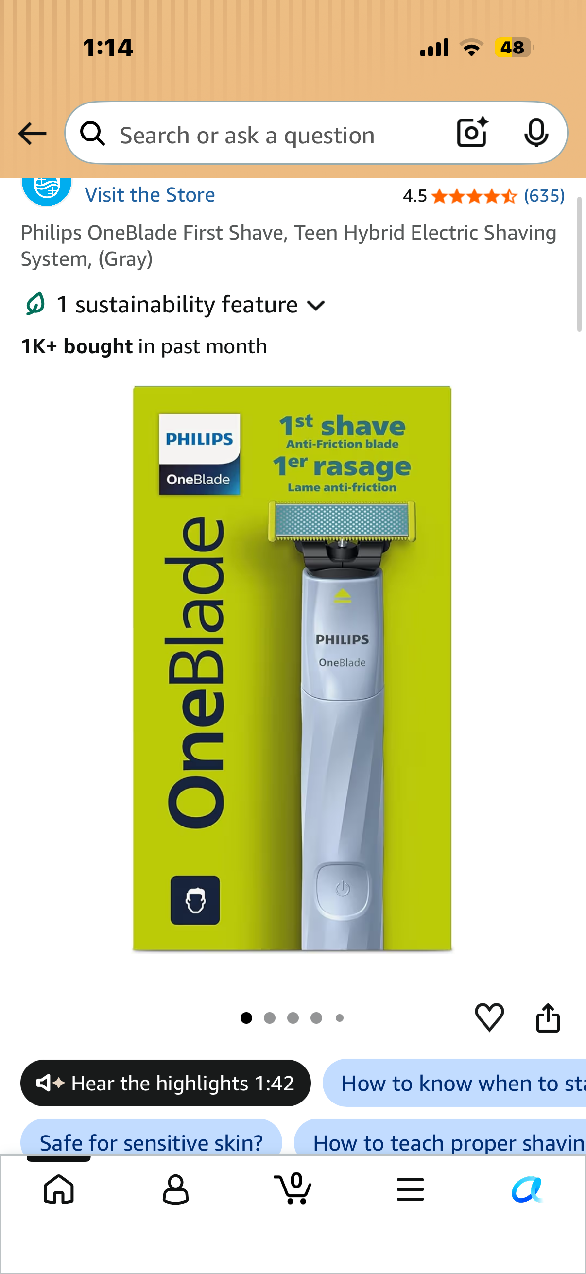Philips OneBlade First Shave, Teen Hybrid Electric Shaving System, (Gray