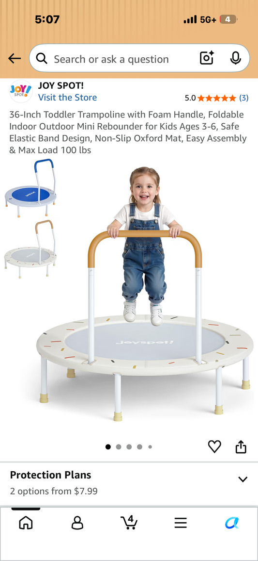 36-Inch Toddler Trampoline with Foam Handle, Foldable Indoor Outdoor Mini Rebounder for Kids Ages 3-6, Safe Elastic Band Design, Non-Slip Oxford Mat, Easy Assembly & Max Load 100 lbs
