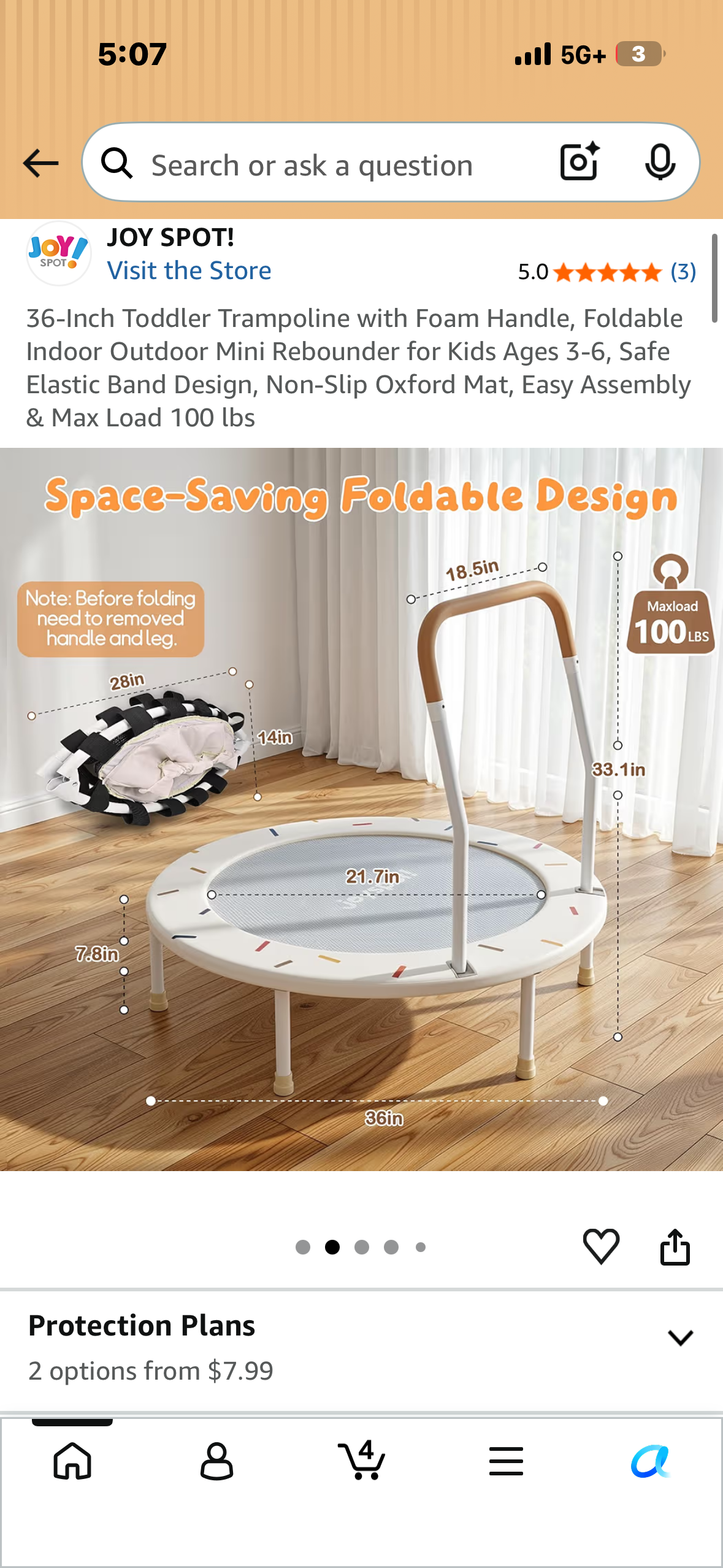 36-Inch Toddler Trampoline with Foam Handle, Foldable Indoor Outdoor Mini Rebounder for Kids Ages 3-6, Safe Elastic Band Design, Non-Slip Oxford Mat, Easy Assembly & Max Load 100 lbs