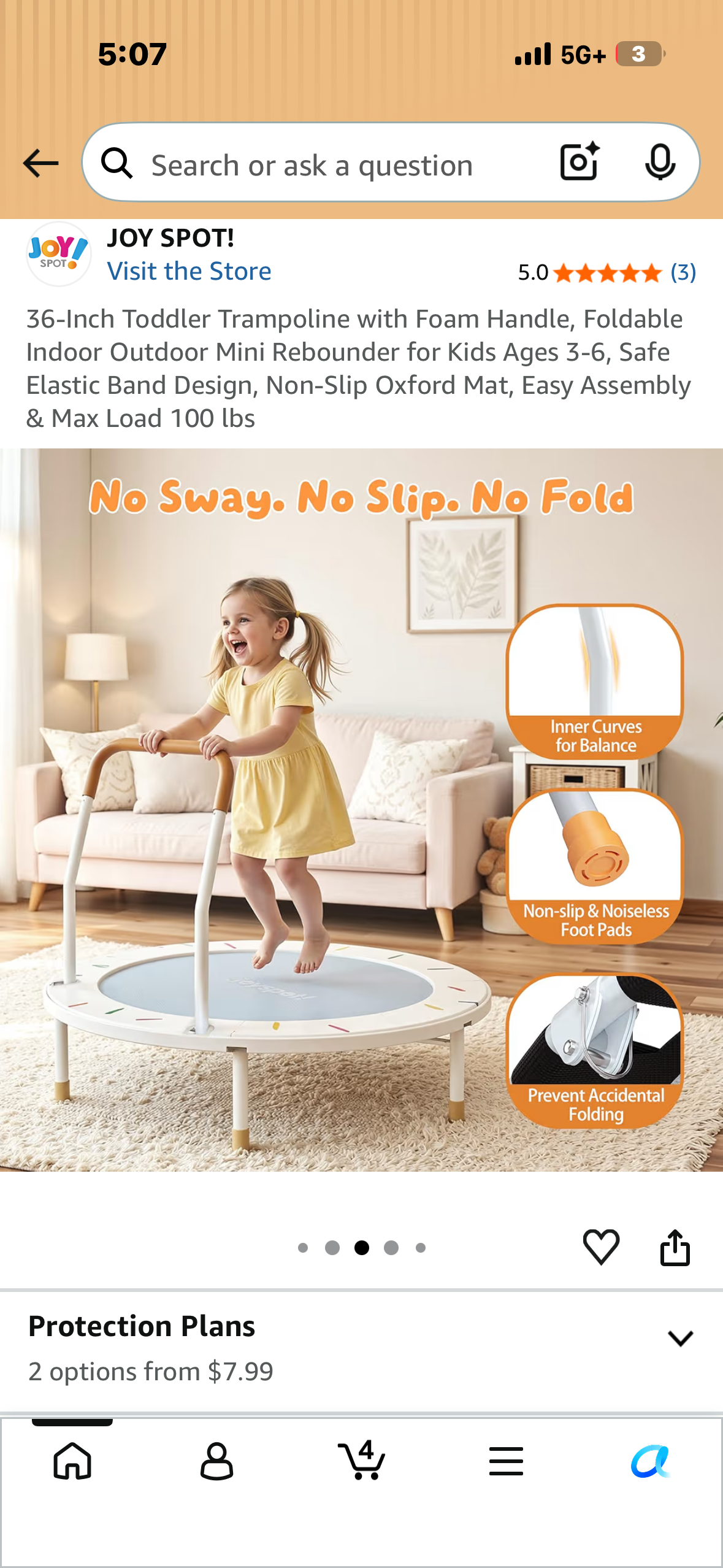 36-Inch Toddler Trampoline with Foam Handle, Foldable Indoor Outdoor Mini Rebounder for Kids Ages 3-6, Safe Elastic Band Design, Non-Slip Oxford Mat, Easy Assembly & Max Load 100 lbs