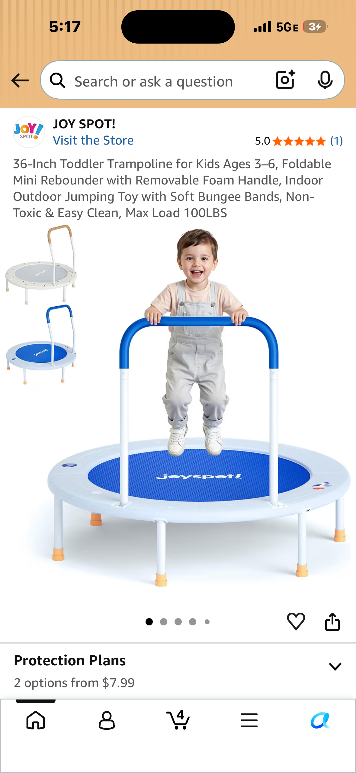 36-Inch Toddler Trampoline for Kids Ages 3–6, Foldable Mini Rebounder with Removable Foam Handle, Indoor Outdoor Jumping Toy with Soft Bungee Bands, Non-Toxic & Easy Clean, Max Load 100LBS