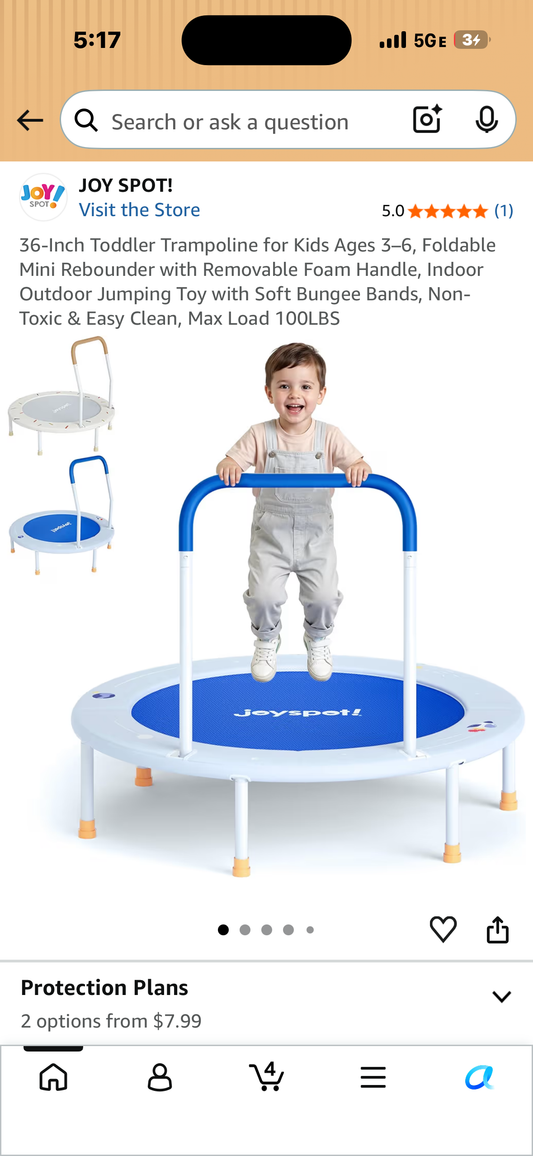36-Inch Toddler Trampoline for Kids Ages 3–6, Foldable Mini Rebounder with Removable Foam Handle, Indoor Outdoor Jumping Toy with Soft Bungee Bands, Non-Toxic & Easy Clean, Max Load 100LBS