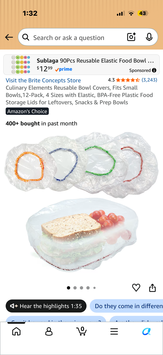 Culinary Elements Reusable Bowl Covers, Fits Small Bowls,12-Pack, 4 Sizes with Elastic, BPA-Free Plastic Food Storage Lids for Leftovers, Snacks & Prep Bowls