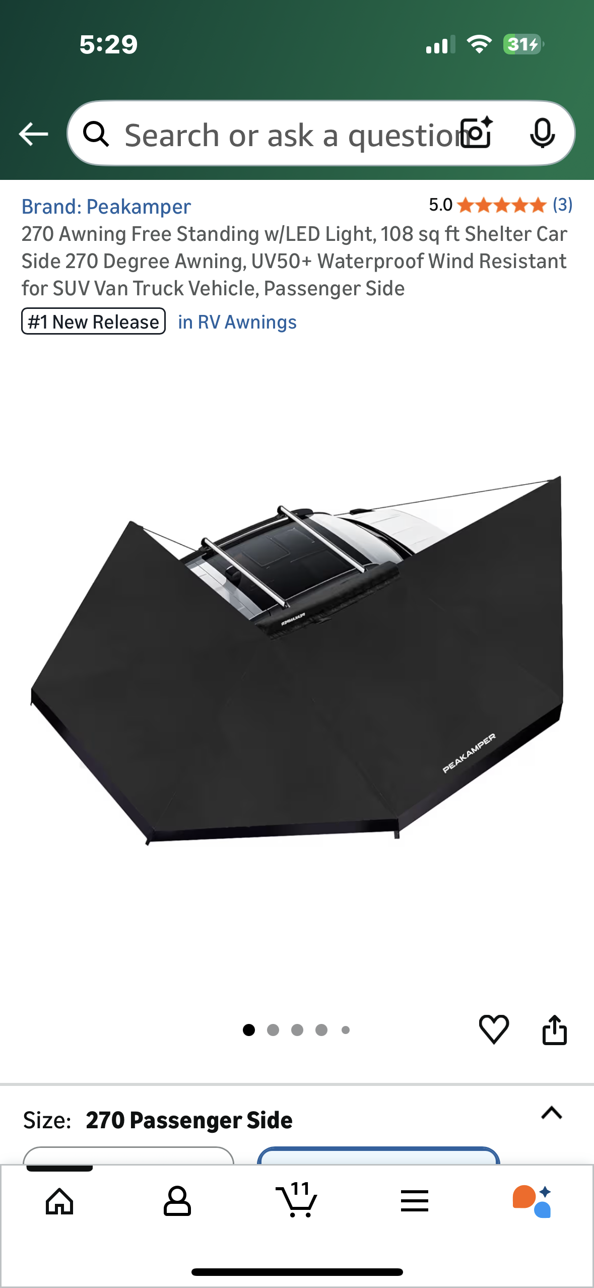 270 Free Standing Awning w/LED Light, 108 sq ft Shelter, Car Side 270 Degree Awning, UV50+ Waterproof Wind Resistant for SUV Van Truck Vehicle, Passenger Side (G897)