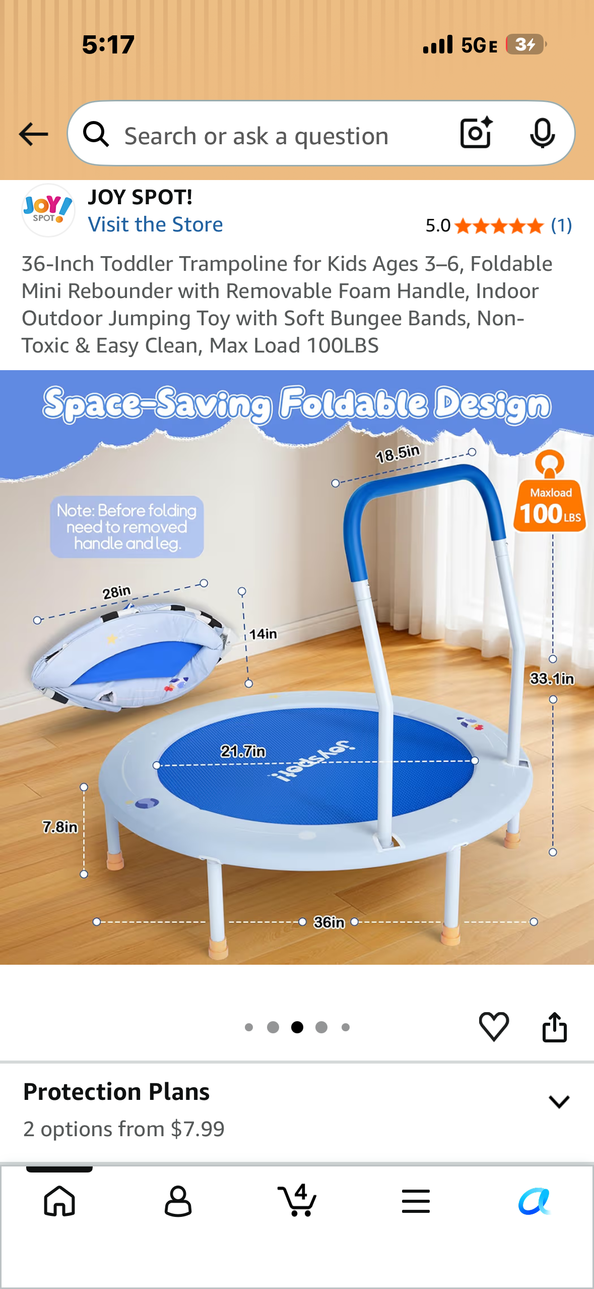 36-Inch Toddler Trampoline for Kids Ages 3–6, Foldable Mini Rebounder with Removable Foam Handle, Indoor Outdoor Jumping Toy with Soft Bungee Bands, Non-Toxic & Easy Clean, Max Load 100LBS