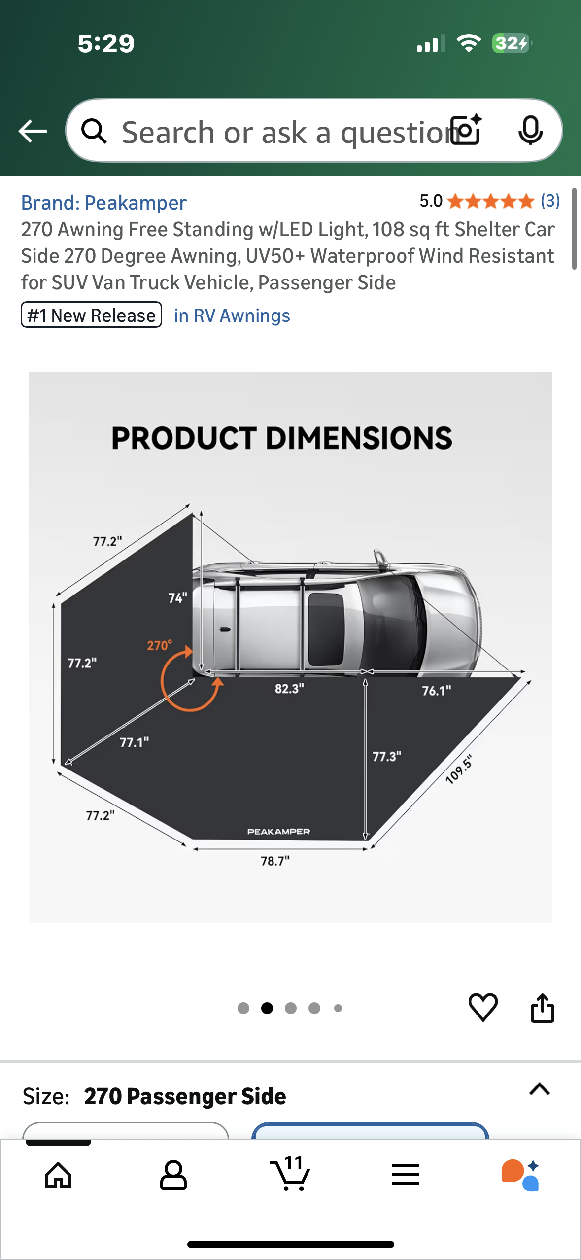 270 Free Standing Awning w/LED Light, 108 sq ft Shelter, Car Side 270 Degree Awning, UV50+ Waterproof Wind Resistant for SUV Van Truck Vehicle, Passenger Side (G897)