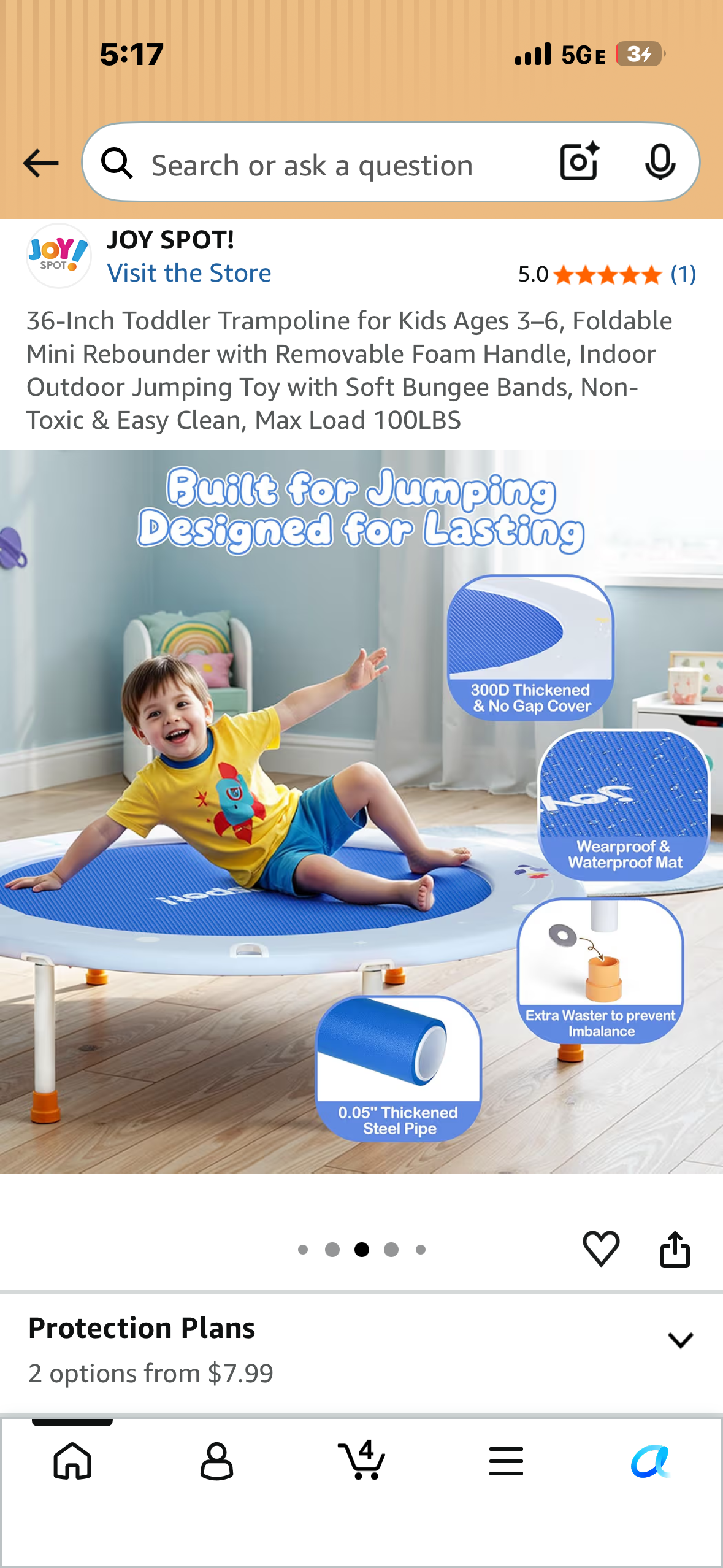 36-Inch Toddler Trampoline for Kids Ages 3–6, Foldable Mini Rebounder with Removable Foam Handle, Indoor Outdoor Jumping Toy with Soft Bungee Bands, Non-Toxic & Easy Clean, Max Load 100LBS