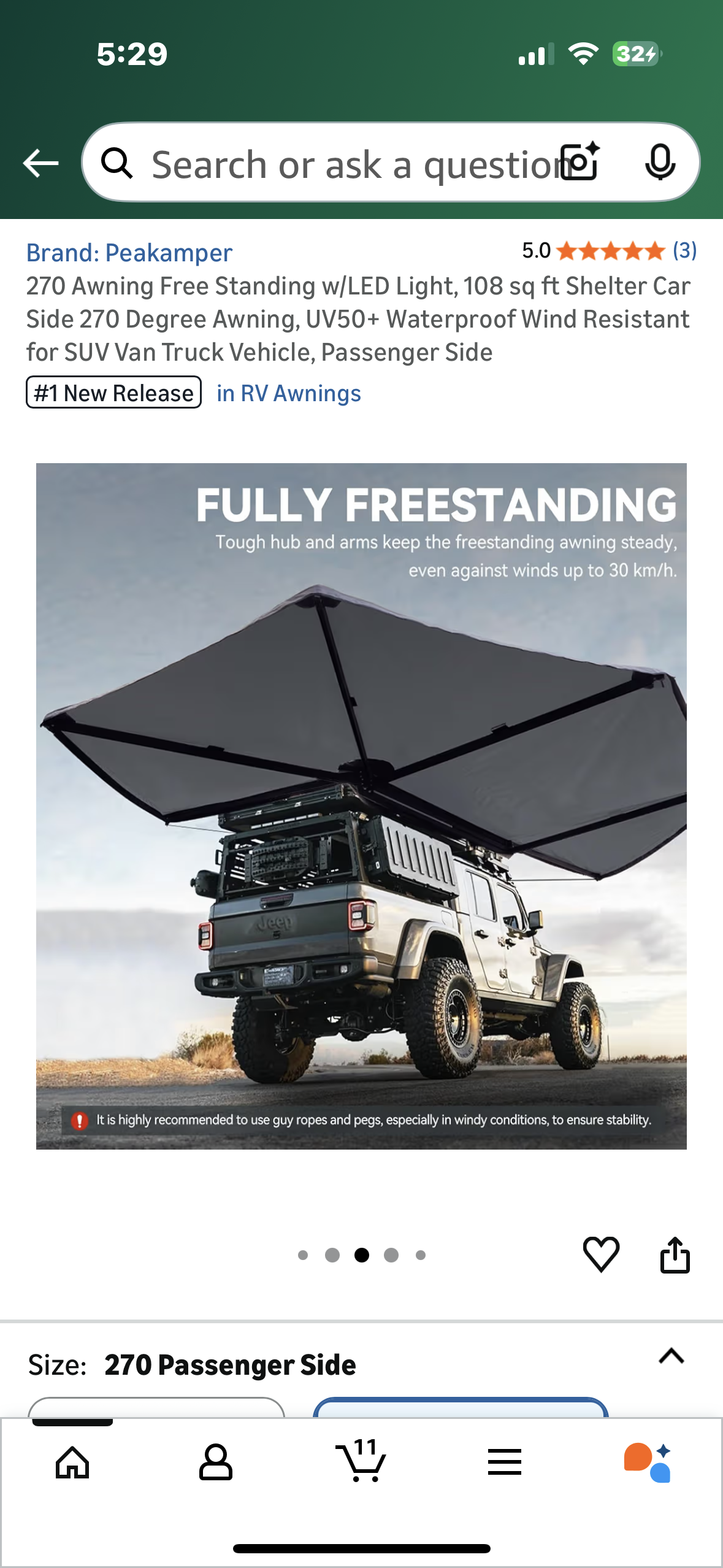 270 Free Standing Awning w/LED Light, 108 sq ft Shelter, Car Side 270 Degree Awning, UV50+ Waterproof Wind Resistant for SUV Van Truck Vehicle, Passenger Side (G897)