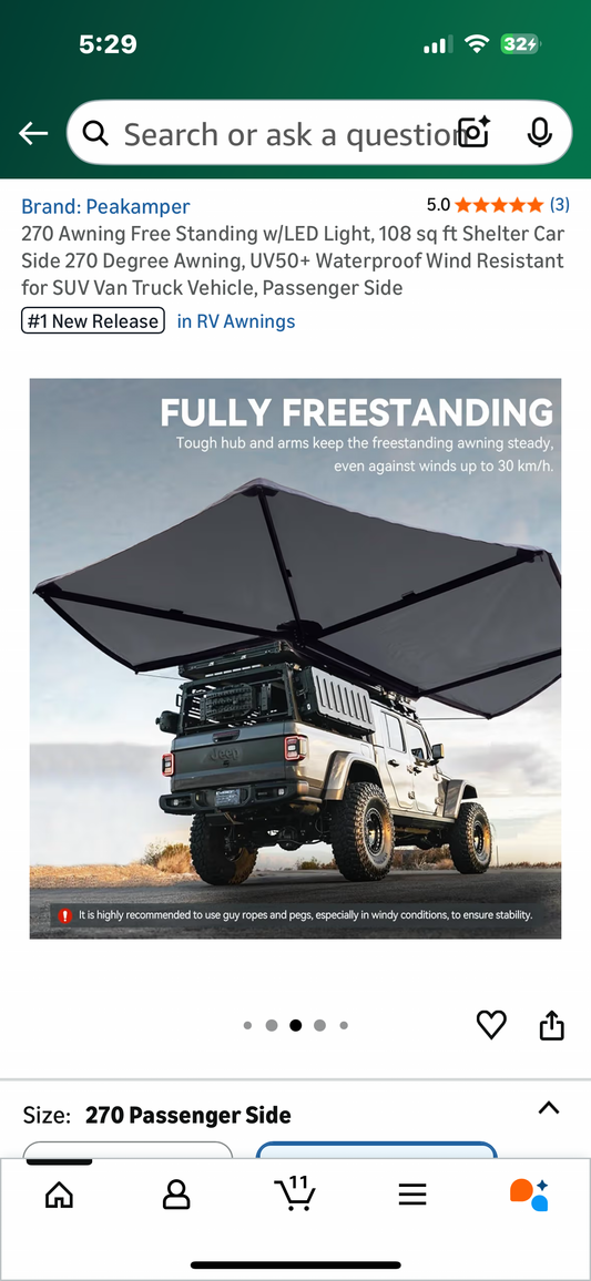 270 Free Standing Awning w/LED Light, 108 sq ft Shelter, Car Side 270 Degree Awning, UV50+ Waterproof Wind Resistant for SUV Van Truck Vehicle, Passenger Side (G897)