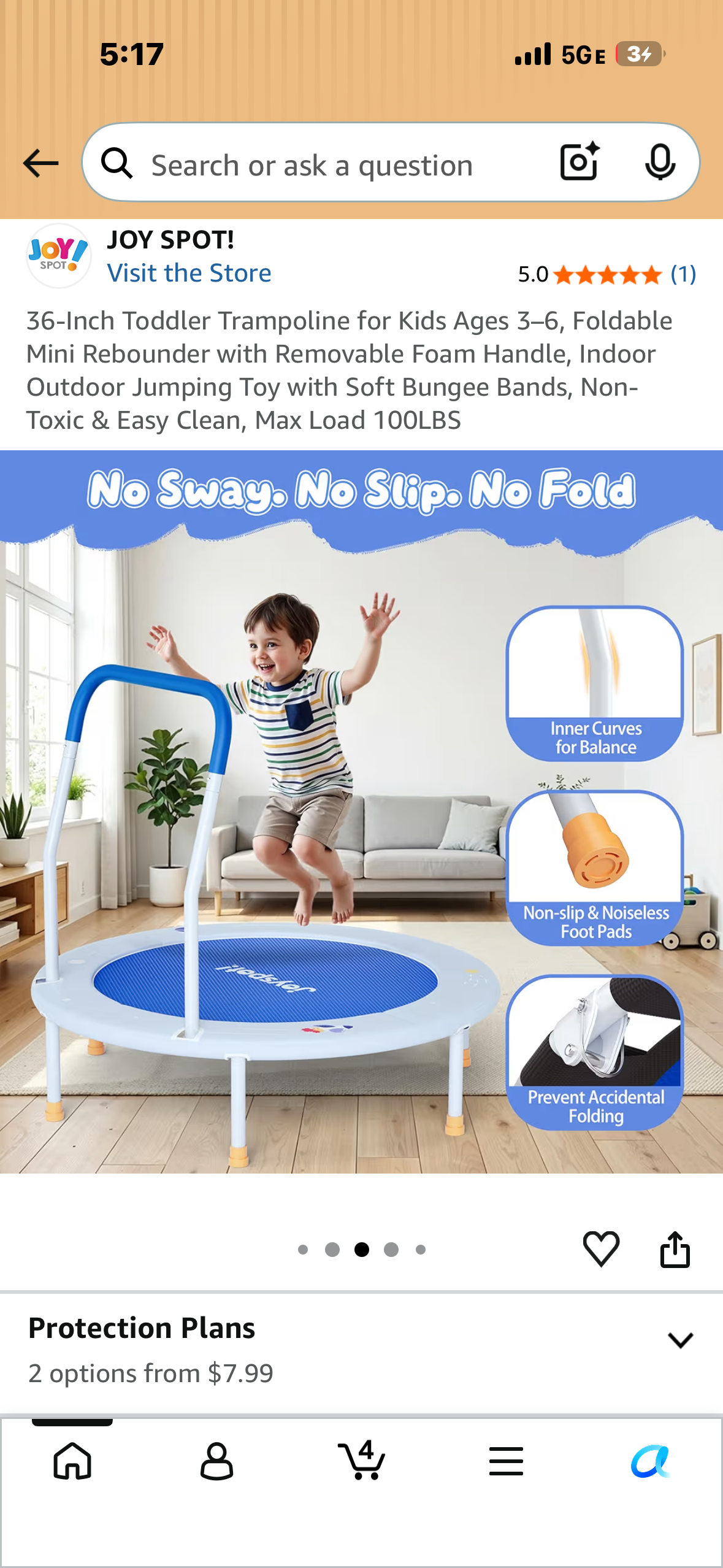 36-Inch Toddler Trampoline for Kids Ages 3–6, Foldable Mini Rebounder with Removable Foam Handle, Indoor Outdoor Jumping Toy with Soft Bungee Bands, Non-Toxic & Easy Clean, Max Load 100LBS