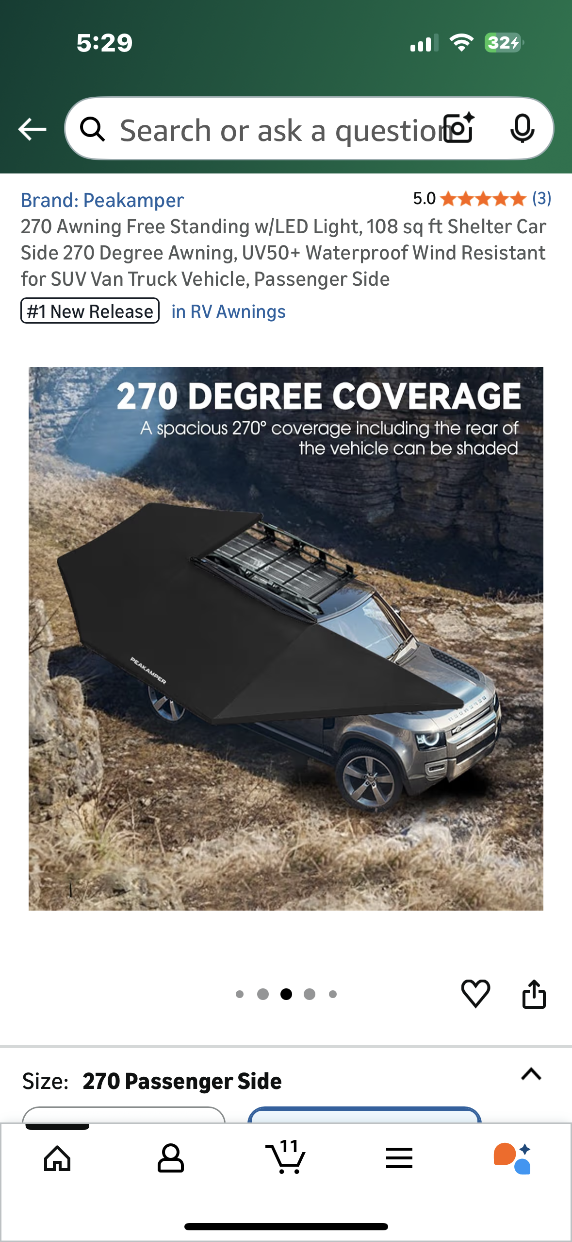 270 Free Standing Awning w/LED Light, 108 sq ft Shelter, Car Side 270 Degree Awning, UV50+ Waterproof Wind Resistant for SUV Van Truck Vehicle, Passenger Side (G897)