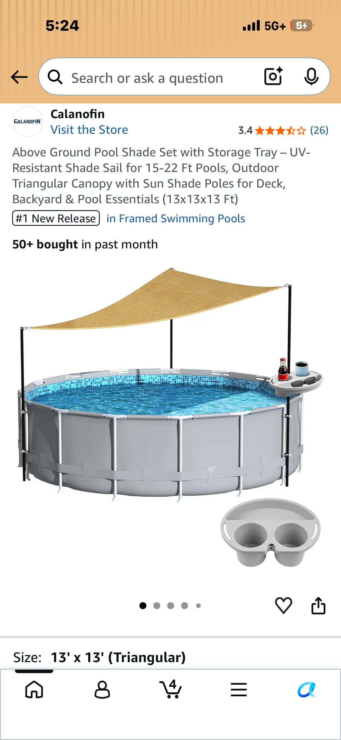 Above Ground Pool Shade Set with Storage Tray – UV-Resistant Shade Sail for 15-22 Ft Pools, Outdoor Triangular Canopy with Sun Shade Poles for Deck, Backyard & Pool Essentials (13x13x13 Ft)