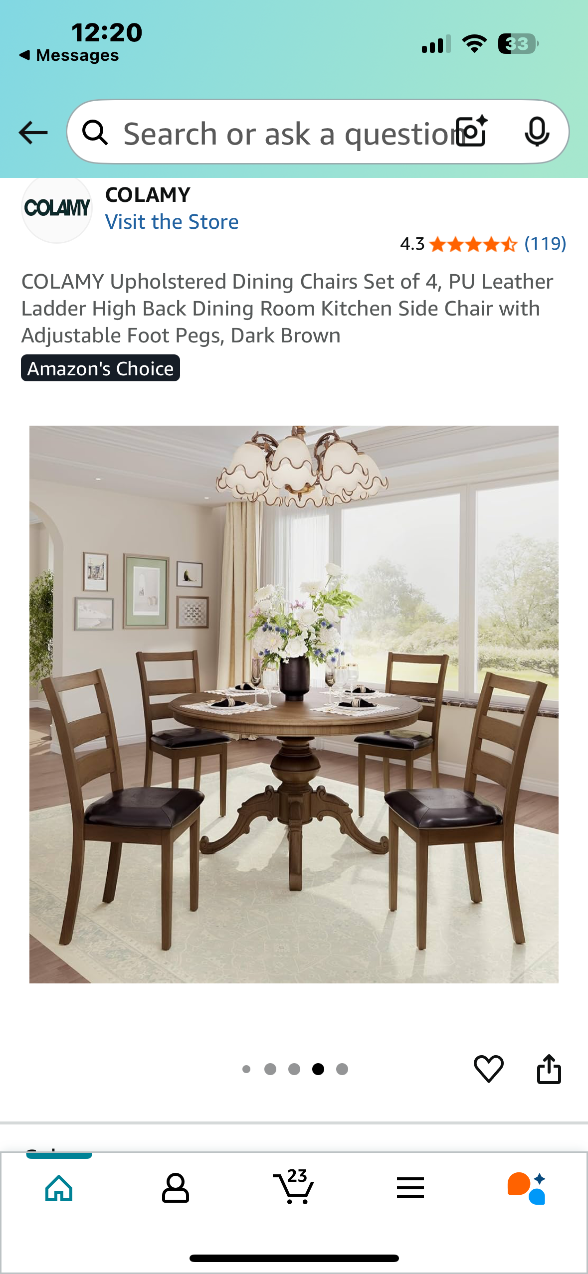 COLAMY Dining Chairs Set of 4, PU Leather Ladder High Back Dining Room Kitchen Side Chair with Adjustable Foot Pegs, Dark Brown (L970)