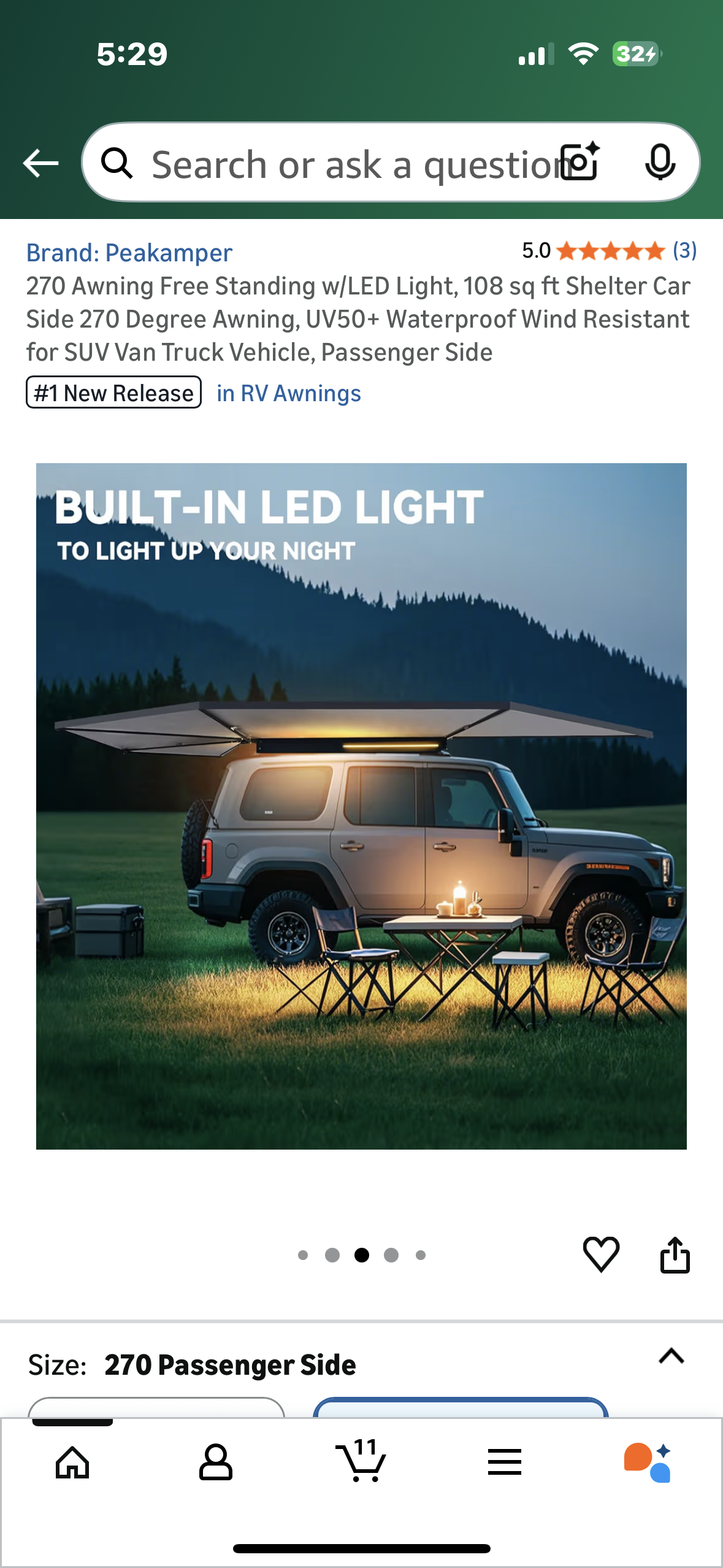 270 Free Standing Awning w/LED Light, 108 sq ft Shelter, Car Side 270 Degree Awning, UV50+ Waterproof Wind Resistant for SUV Van Truck Vehicle, Passenger Side (G897)