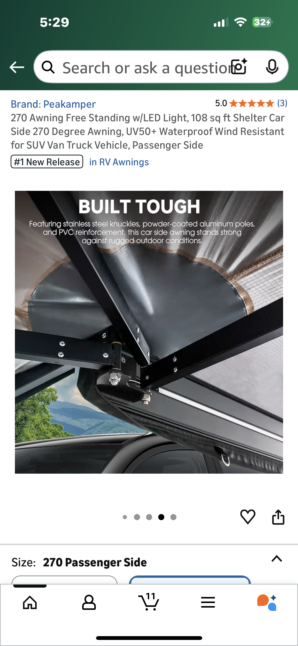 270 Free Standing Awning w/LED Light, 108 sq ft Shelter, Car Side 270 Degree Awning, UV50+ Waterproof Wind Resistant for SUV Van Truck Vehicle, Passenger Side (G897)