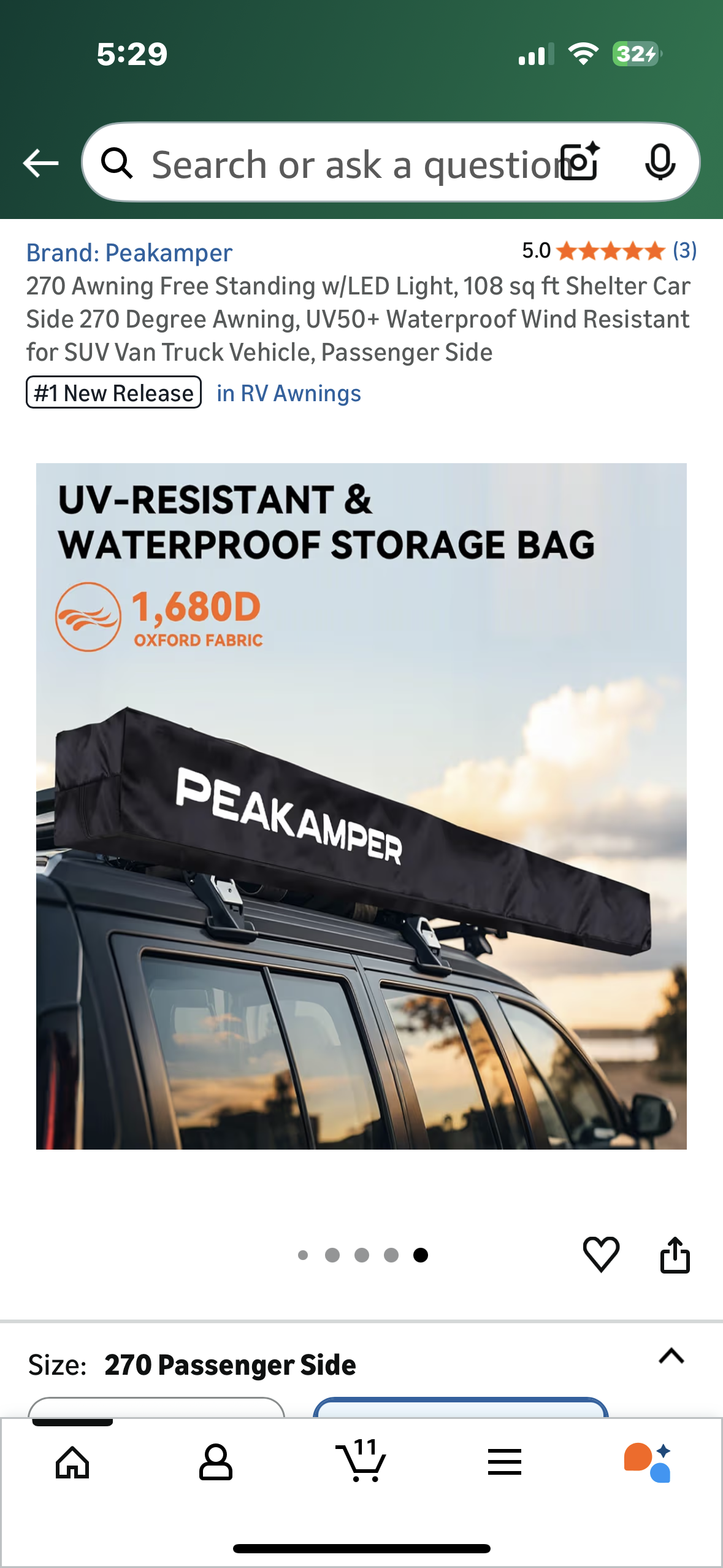 270 Free Standing Awning w/LED Light, 108 sq ft Shelter, Car Side 270 Degree Awning, UV50+ Waterproof Wind Resistant for SUV Van Truck Vehicle, Passenger Side (G897)