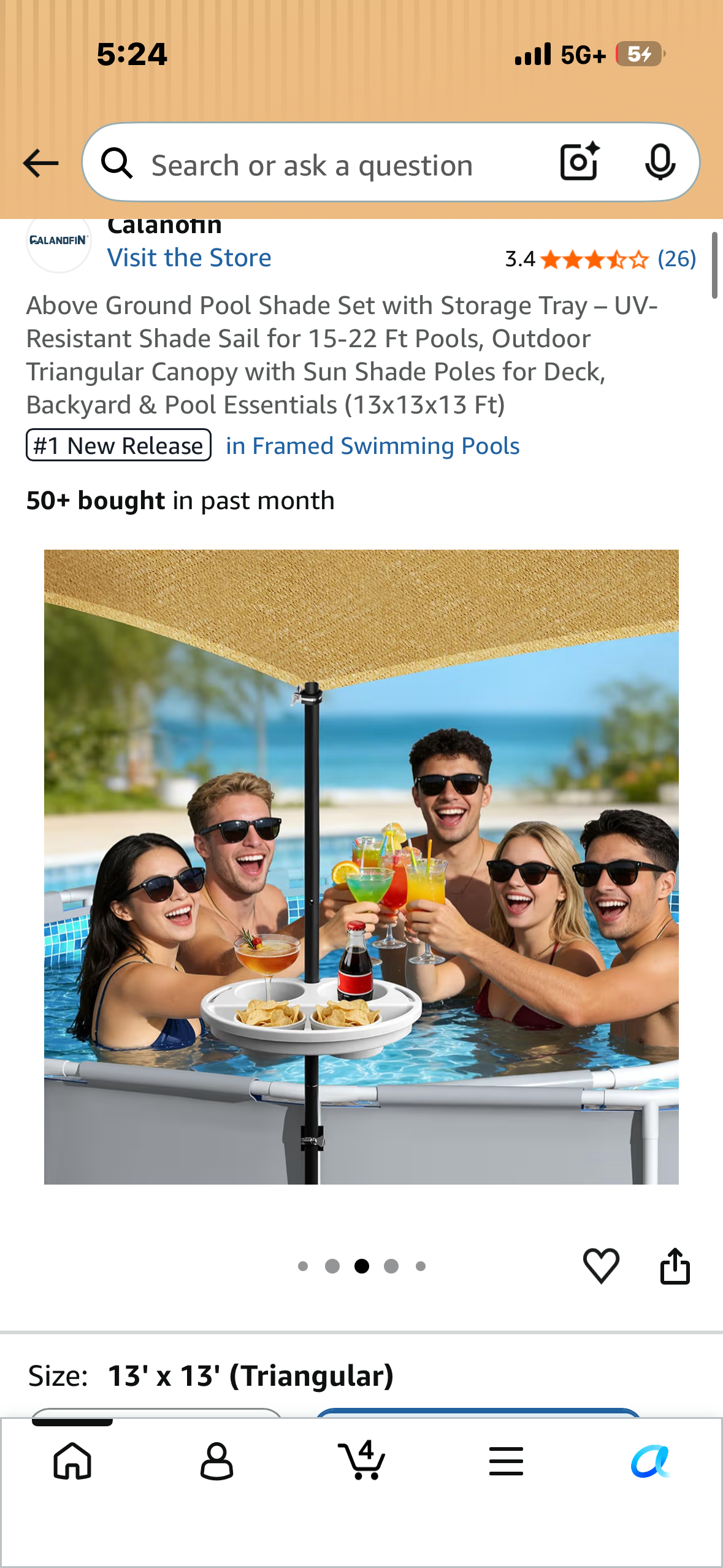 Above Ground Pool Shade Set with Storage Tray – UV-Resistant Shade Sail for 15-22 Ft Pools, Outdoor Triangular Canopy with Sun Shade Poles for Deck, Backyard & Pool Essentials (13x13x13 Ft)