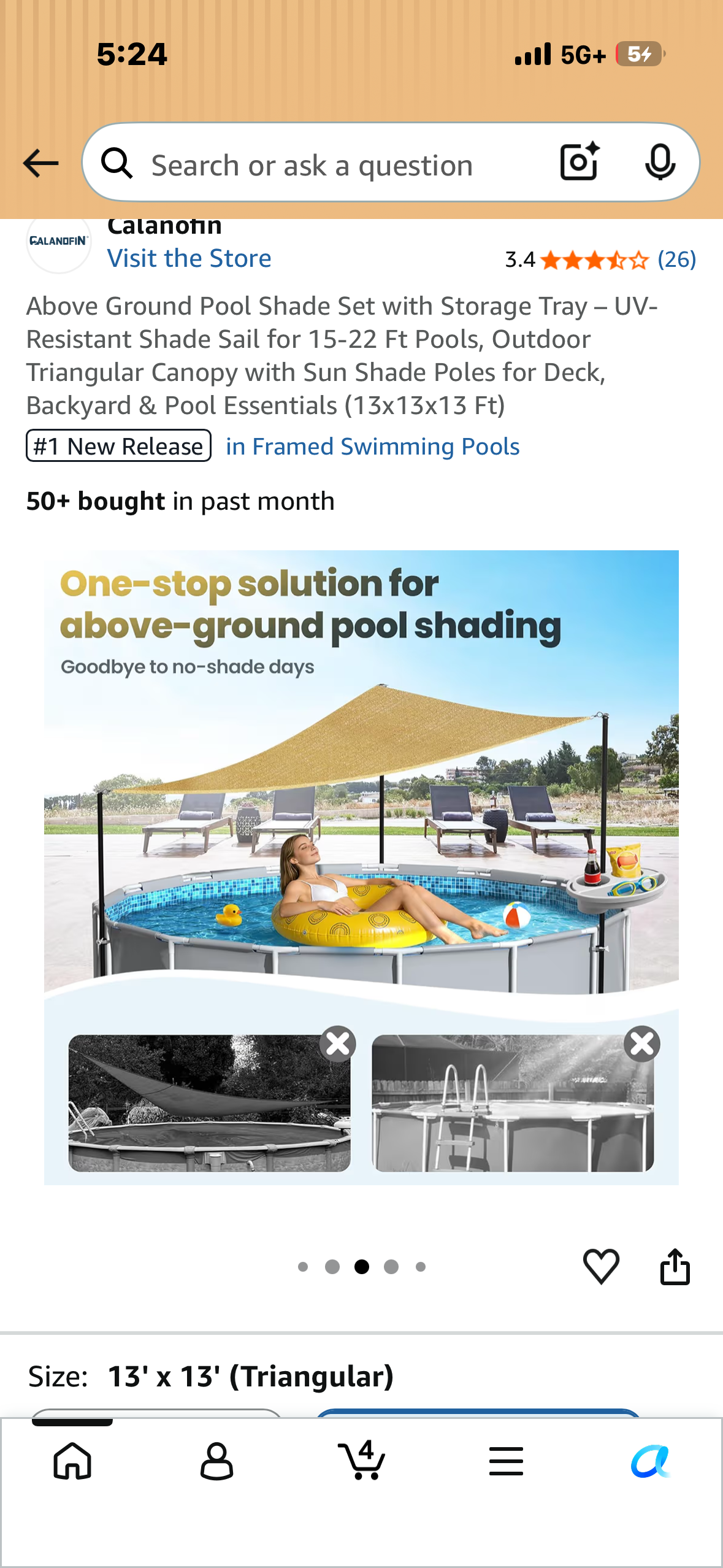 Above Ground Pool Shade Set with Storage Tray – UV-Resistant Shade Sail for 15-22 Ft Pools, Outdoor Triangular Canopy with Sun Shade Poles for Deck, Backyard & Pool Essentials (13x13x13 Ft)
