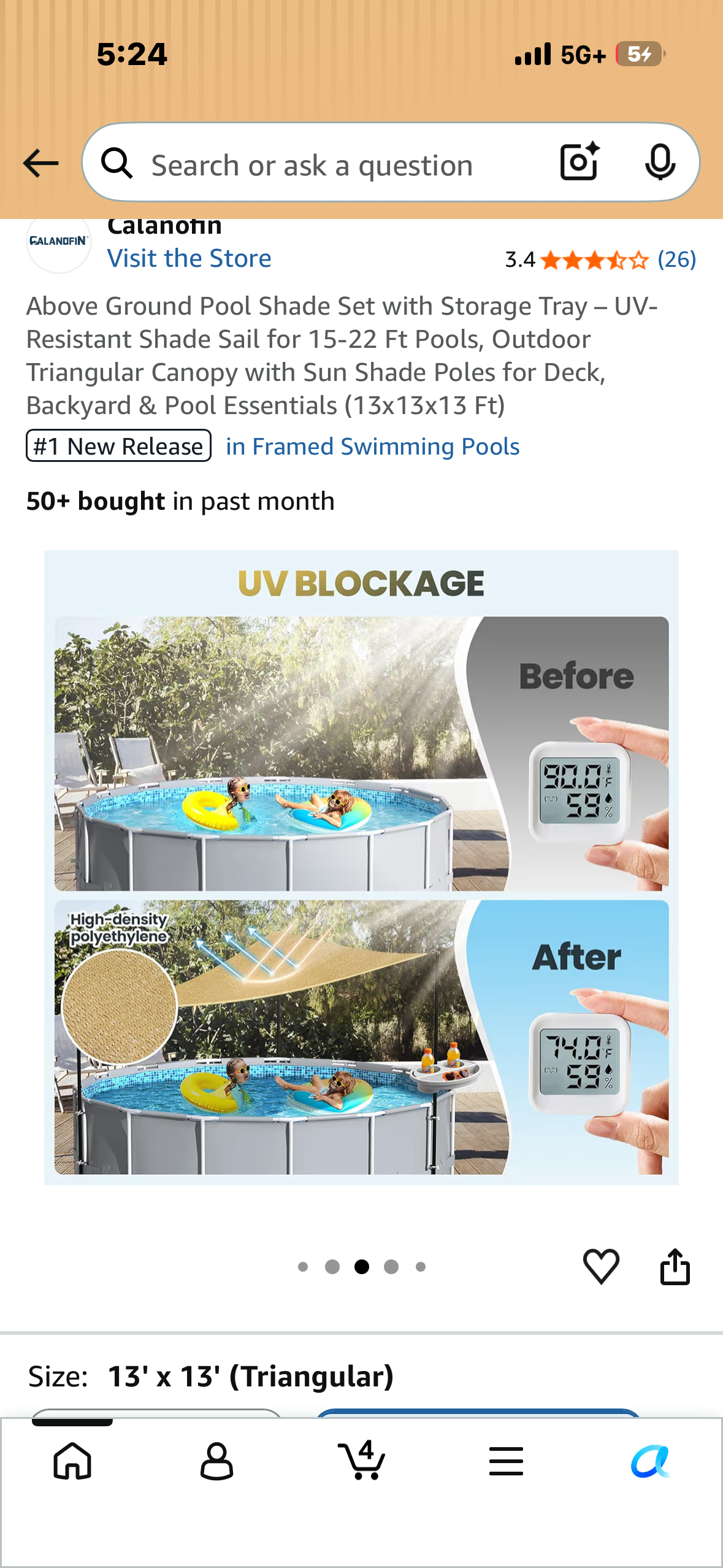 Above Ground Pool Shade Set with Storage Tray – UV-Resistant Shade Sail for 15-22 Ft Pools, Outdoor Triangular Canopy with Sun Shade Poles for Deck, Backyard & Pool Essentials (13x13x13 Ft)
