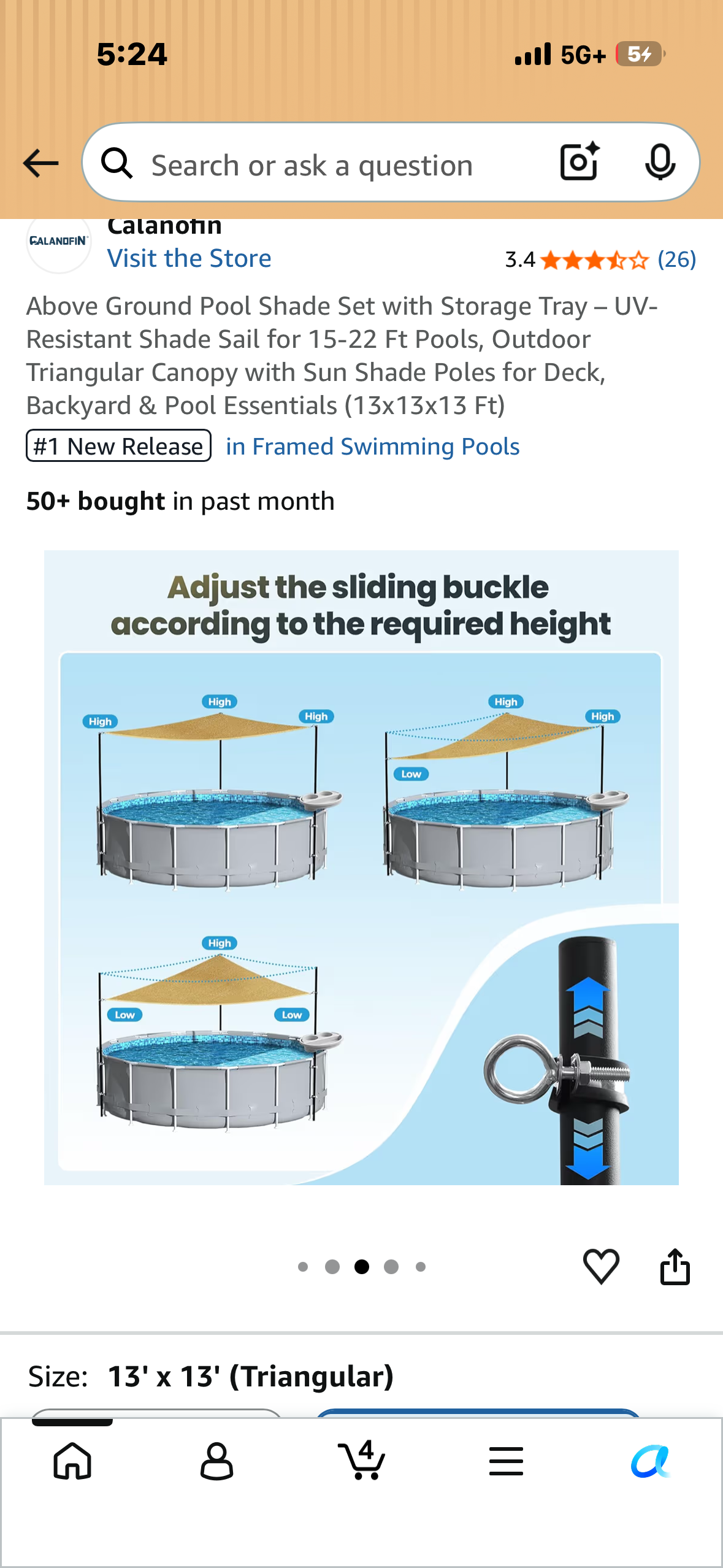 Above Ground Pool Shade Set with Storage Tray – UV-Resistant Shade Sail for 15-22 Ft Pools, Outdoor Triangular Canopy with Sun Shade Poles for Deck, Backyard & Pool Essentials (13x13x13 Ft)