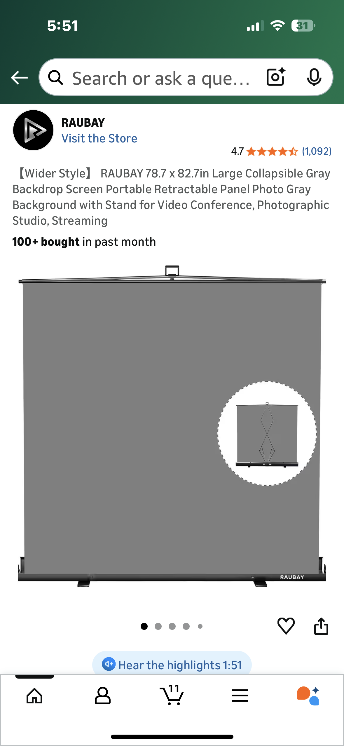 RAUBAY 78.7 x 82.7in Wider Style Large Collapsible Gray Backdrop Screen, Portable Retractable Panel, Photo Gray Background with Stand for Video Conference, Photographic Studio, Streaming (O458)