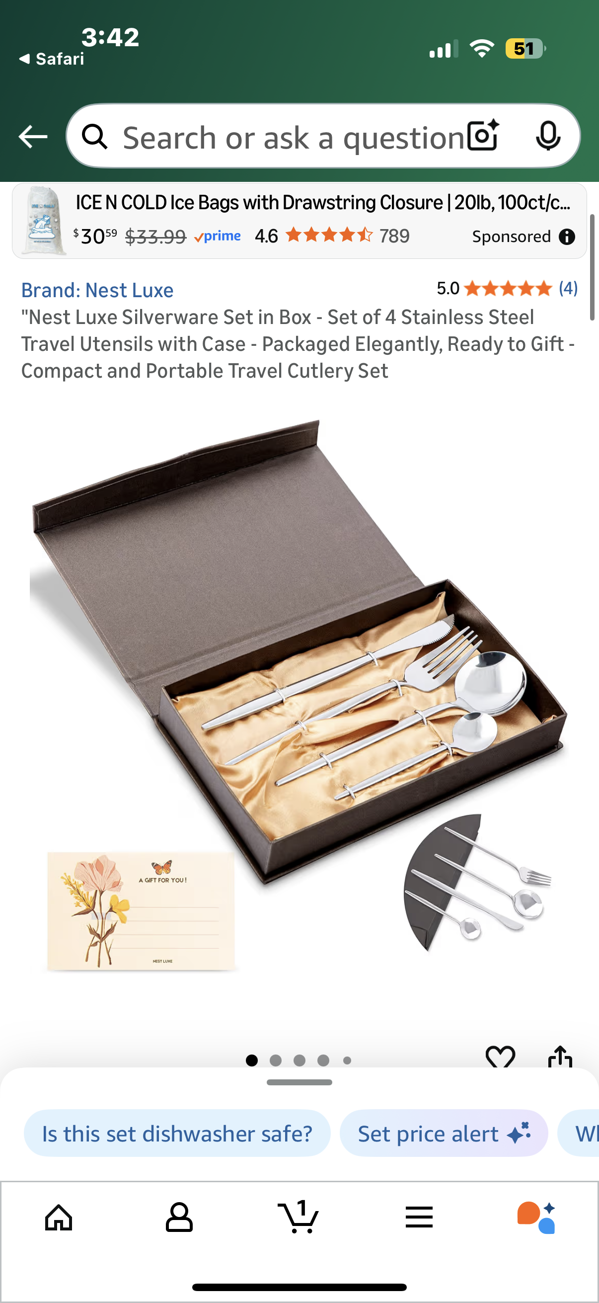 Nest Luxe Silverware Set in Box - Set of 4 Stainless Steel Travel Utensils with Case - Packaged Elegantly, Ready to Gift - Compact and Portable Travel Cutlery Set