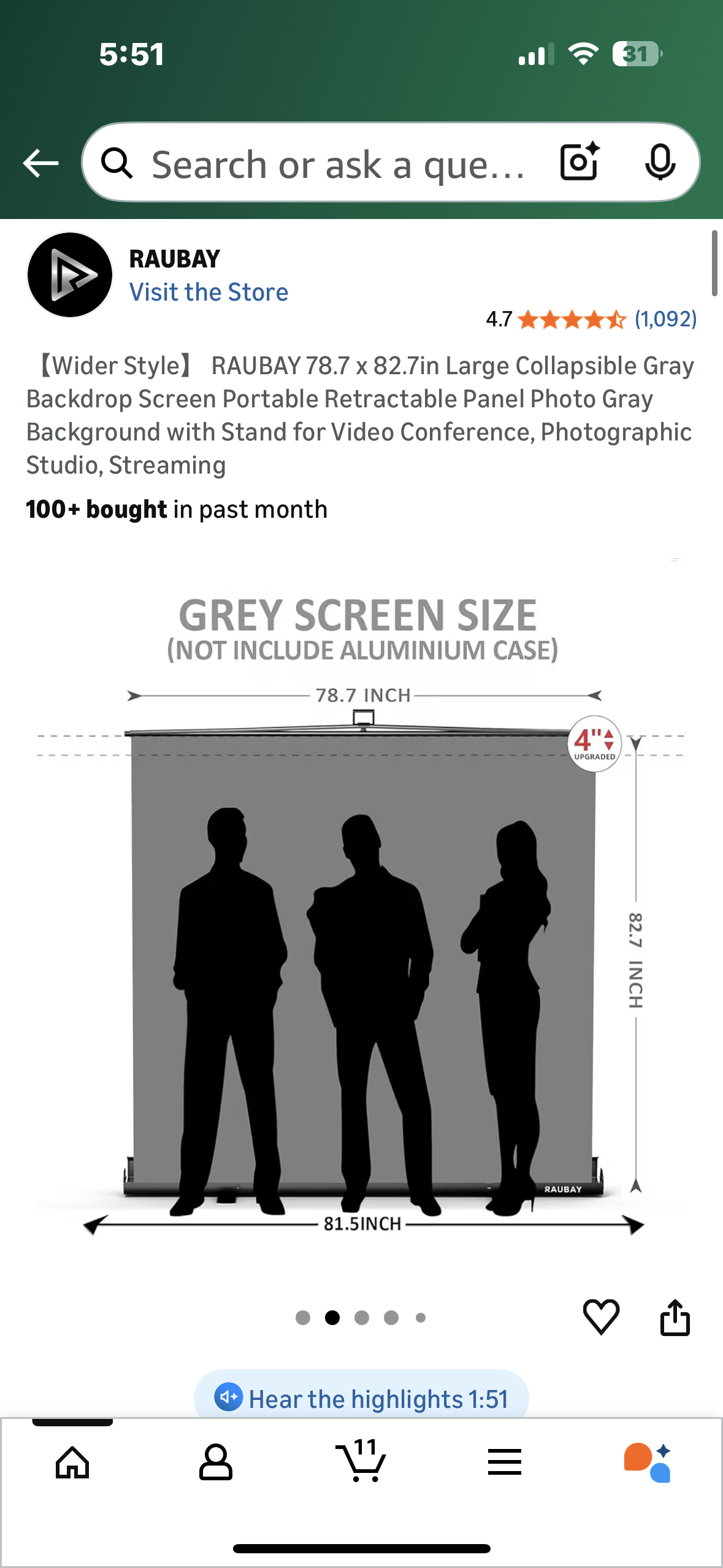 RAUBAY 78.7 x 82.7in Wider Style Large Collapsible Gray Backdrop Screen, Portable Retractable Panel, Photo Gray Background with Stand for Video Conference, Photographic Studio, Streaming (O458)